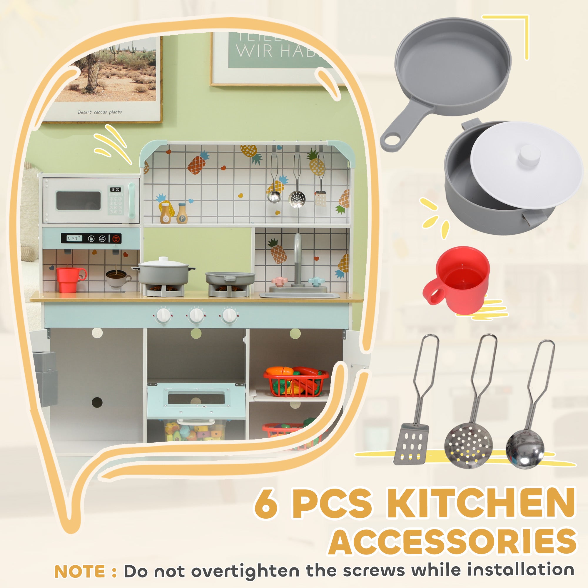 Toy Kitchen Playset with Hob, Sound & Light, Coffee Machine, Ice Maker, Microwave - White & Blue