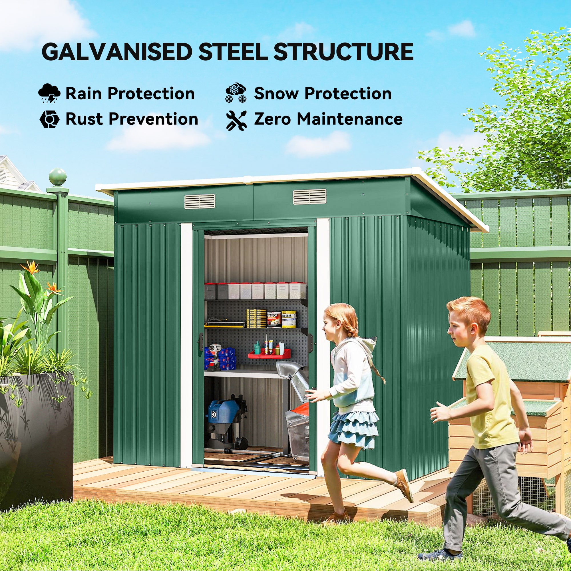 7 x 4ft Outdoor Storage Shed with Foundation Kit, Lean to Metal Garden Shed for Log, Rubbish Bin, Tool, Bike, Green