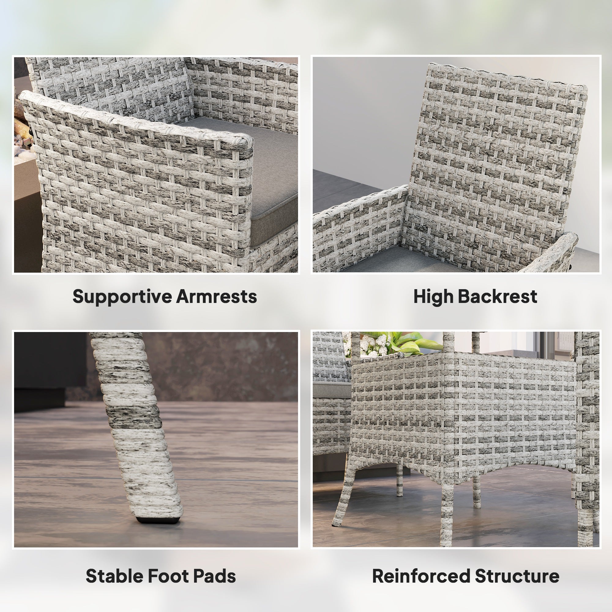 Rattan Garden Furniture Set, Outdoor Dining Table and Chairs 4 Seater with Cushions, Square Tempered Glass Top, 4 Armchairs, for Balcony, Terrace, Conservatory, Mixed-Grey