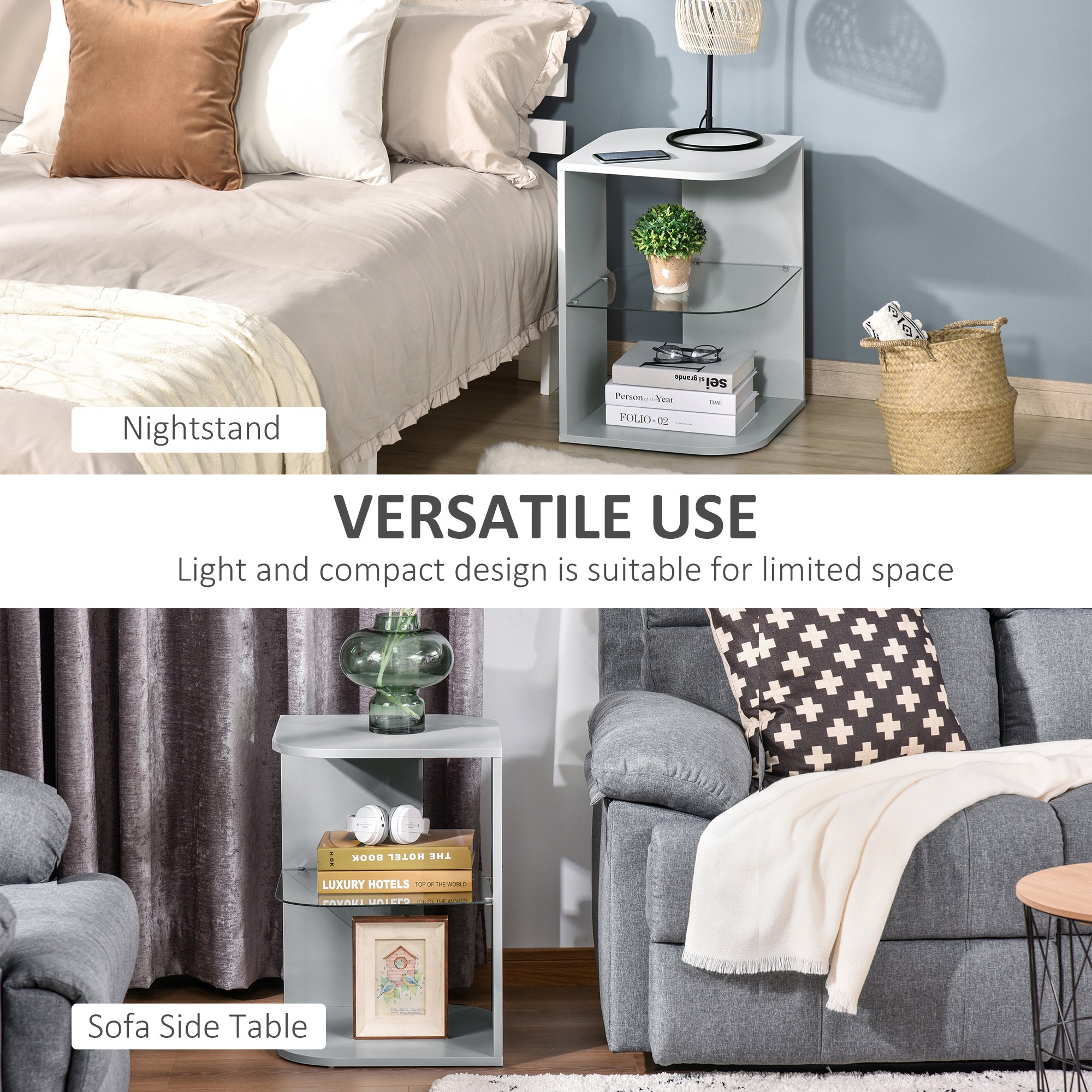 Modern Side Table Set of 2, Three Layer Bedside Table Nightstand with 2 Storage Shelves, for Living room, Bedroom, Grey