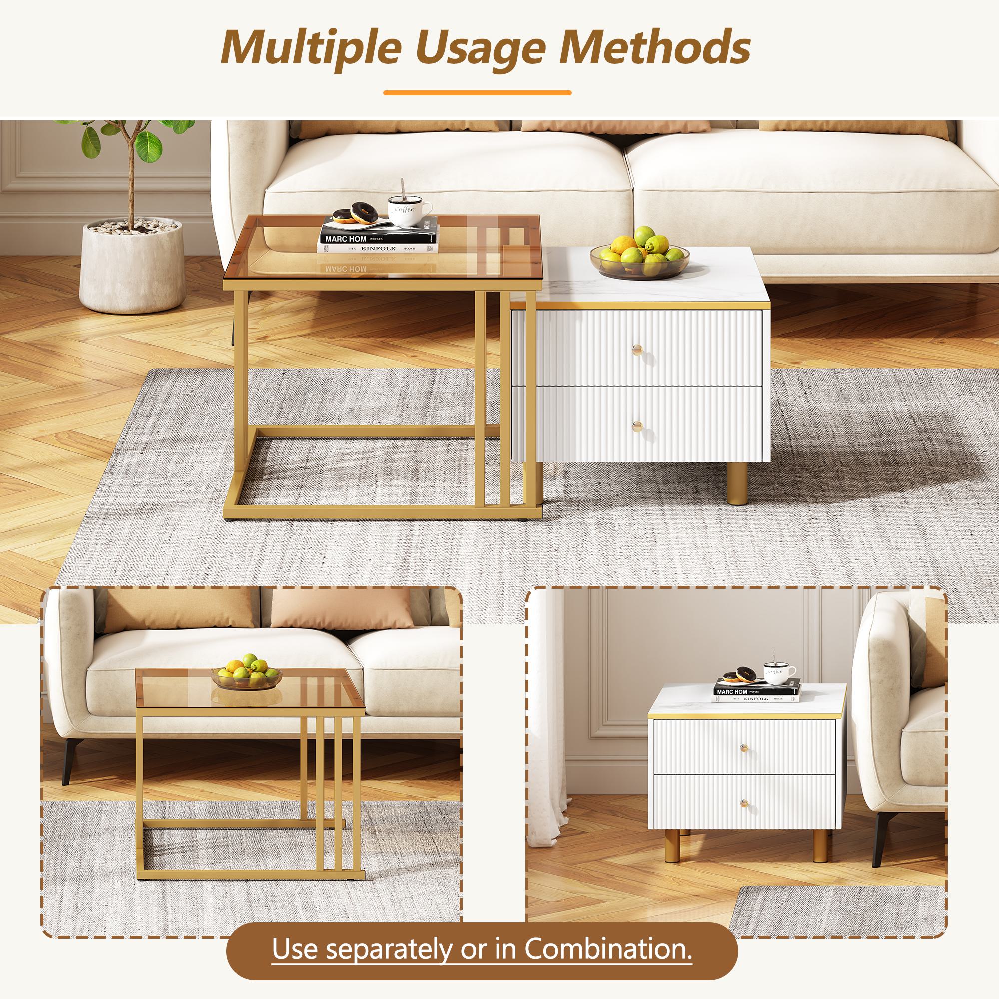 2 Piece Nesting Coffee Table Set with Marble Pattern and Modern Gold Design, Square End Table with Drawer and Metal Frame, Gold+White
