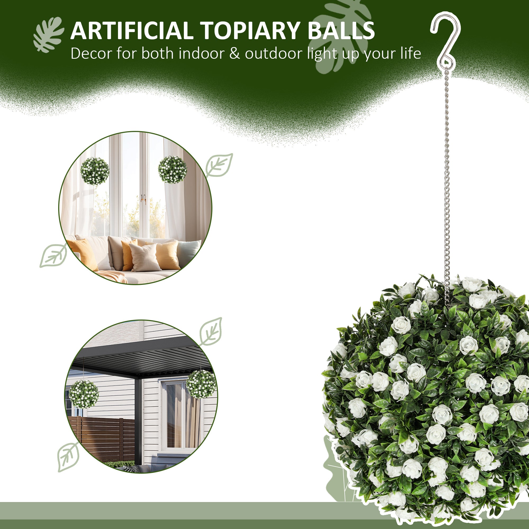 Set of 2 Decorative Artificial Plants, UV-protected Artificial Plant Topiary Rose Balls, Fake Plants for Home Indoor outdoor Decor, 28cm, White