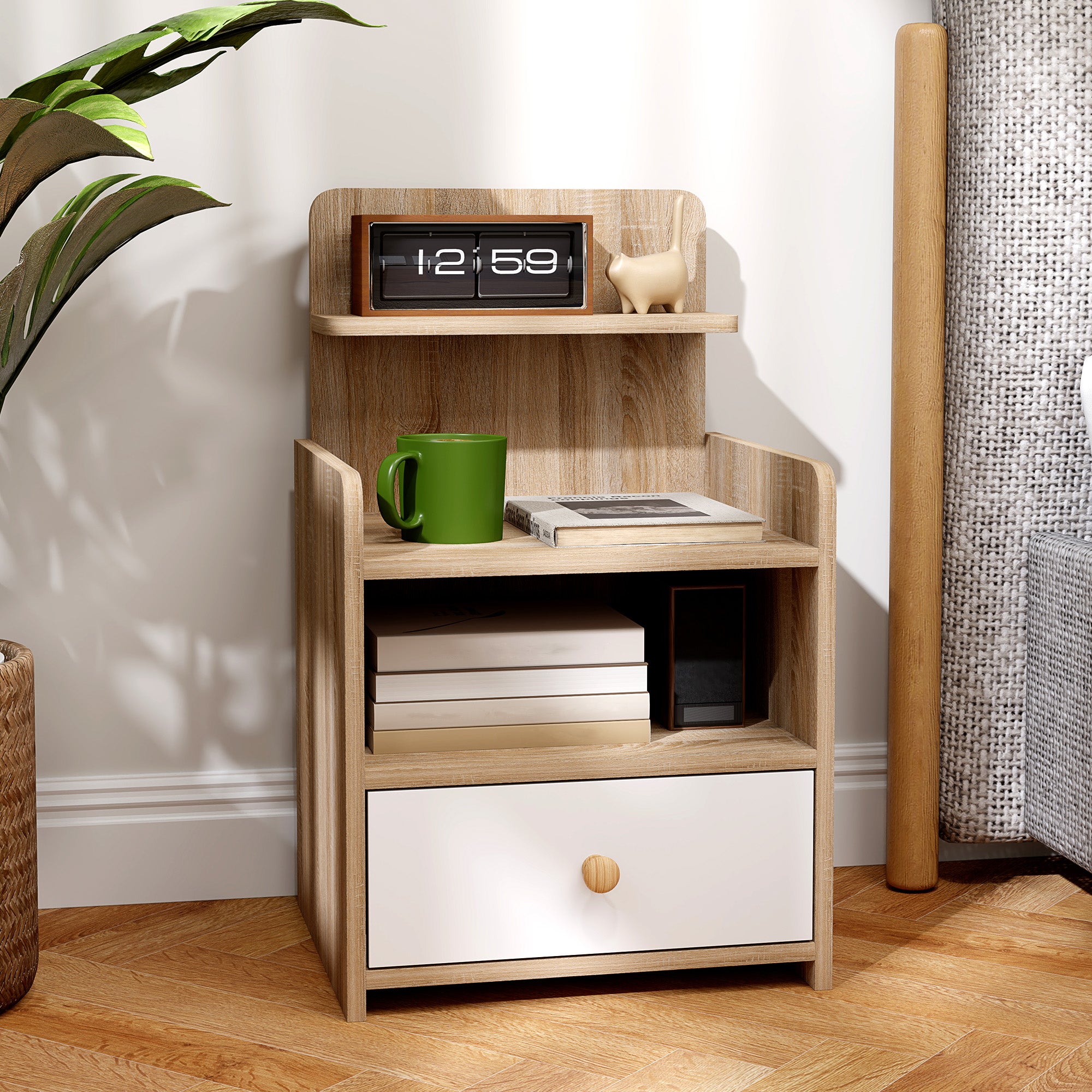 Multi-Storage Bedside Table - White/Wood-Effect