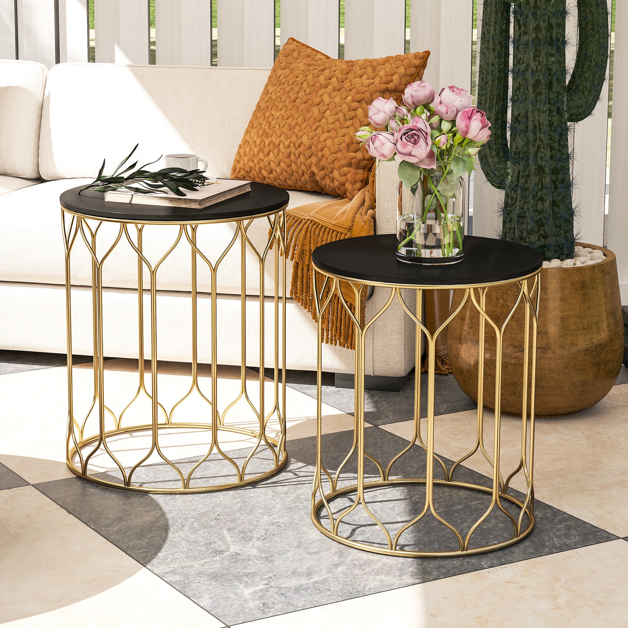 Set of 2 Nesting Garden Side Tables with Ceramic Tile Top - Black