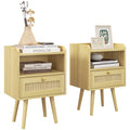 Set of 2 Rattan Weave Bedside Tables with Wood Effect Finish - Natural Wood