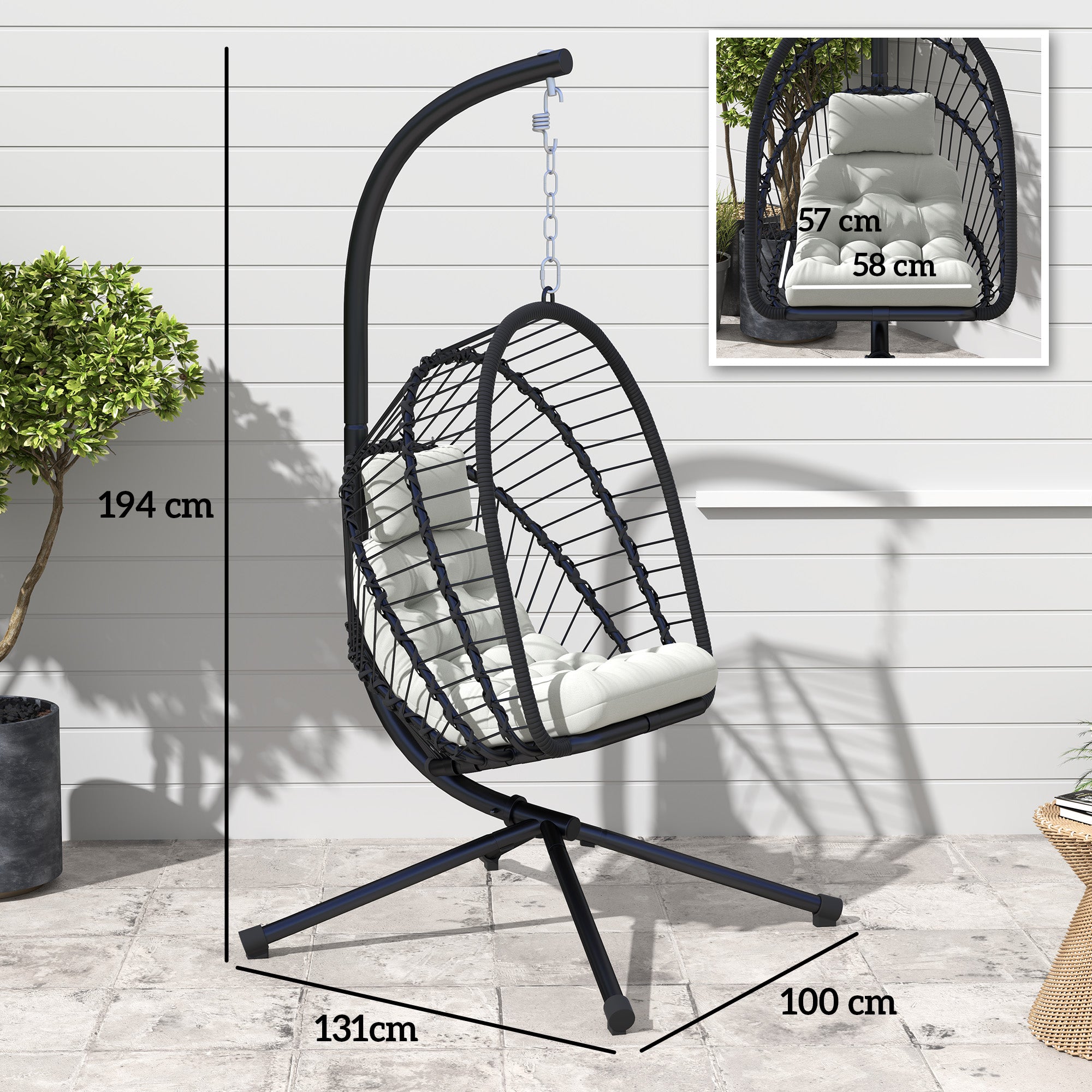 Hanging Egg Chair with Cushion and Metal Stand - Black