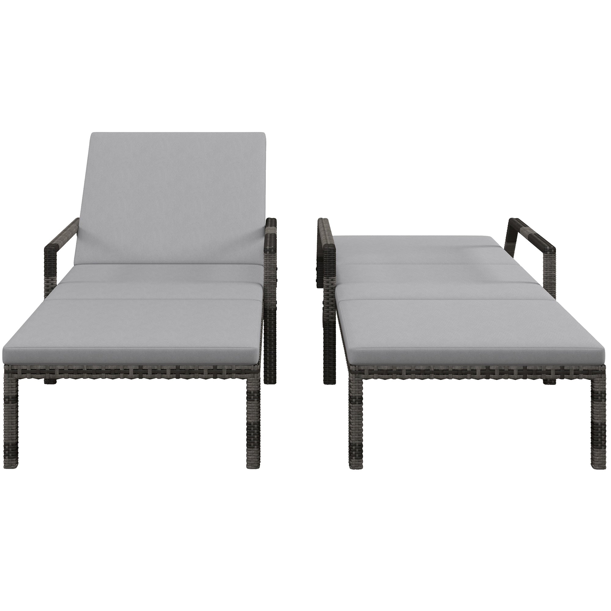 Outdoor PE Rattan Sun Lounger Set of 2, Wicker Chaise Recliner Garden Chair with 5-Level Adjustable Backrest and 2 Wheels, Grey