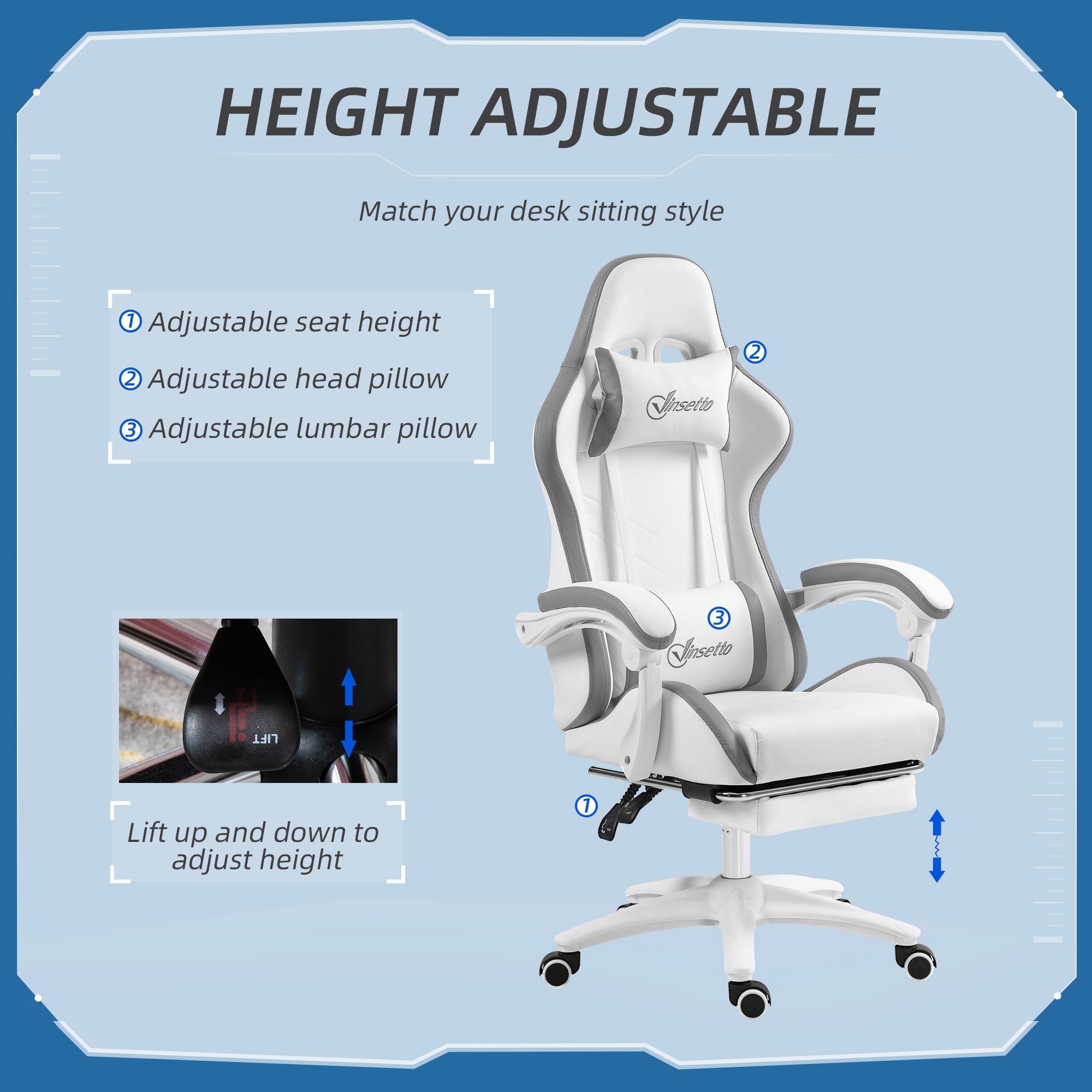 Computer Gaming Chair, PU Leather Desk Chair with Footrest, Swivel Task Chair with 135° Reclining Back and Lumbar Support, PC Chair for Adults, White and Grey