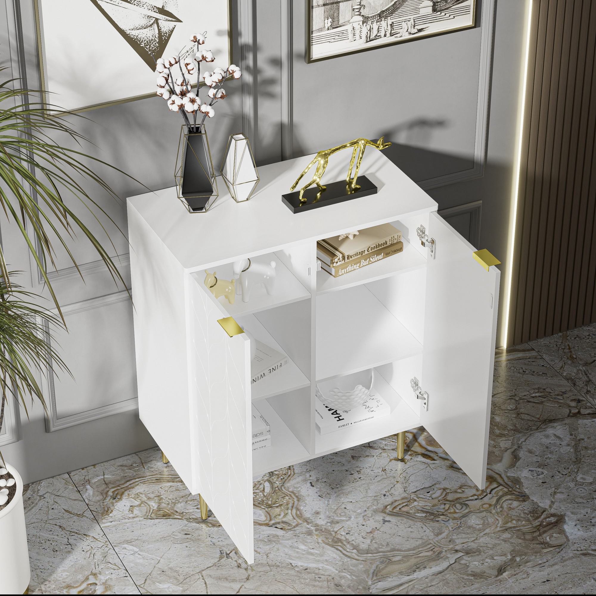Lacquered Sideboard with 2 Doors and 6 Compartments, Gold-Plated Feet and Handles, 3 Shelves, 75L x 40W x 90H cm, White