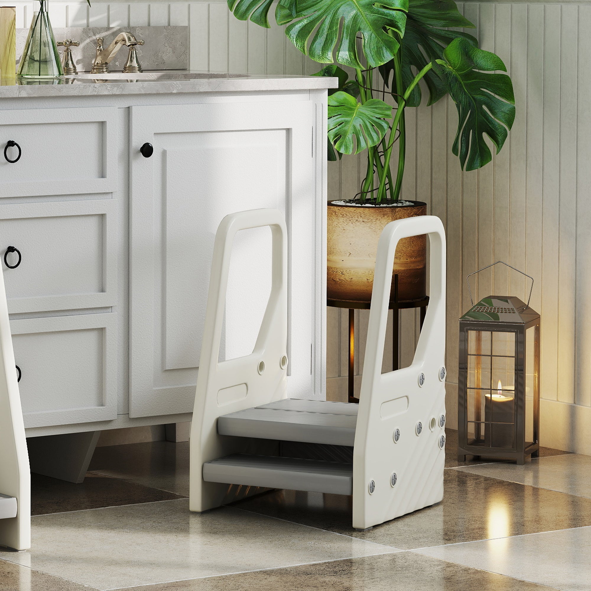 Adjustable 3 Step Toddler Tower with Handles, Non-slip Surface and Foot Pads, Grey