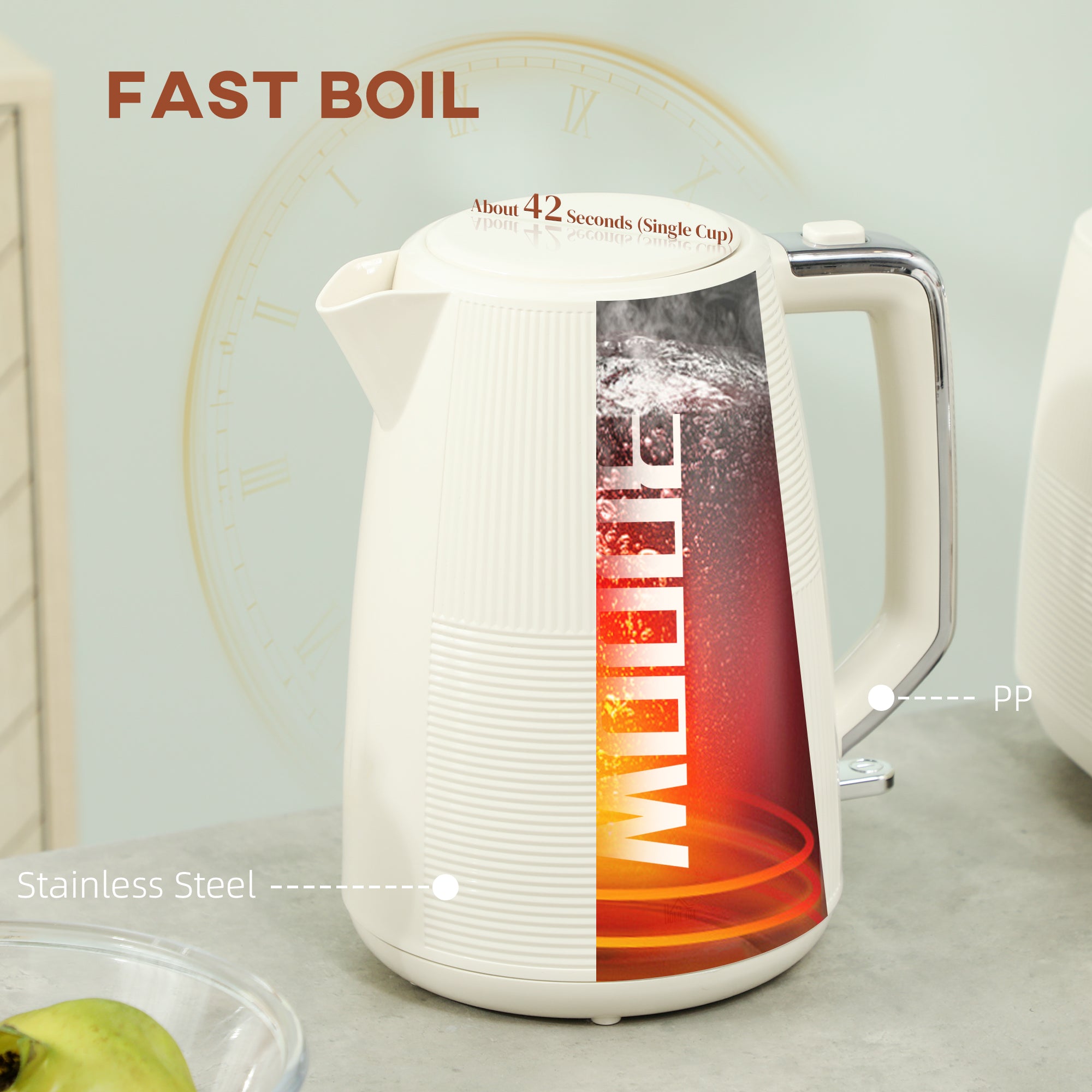 1.7L 3000W Fast Boil Kettle & 2-Slice Toaster Set with 7 Browning Levels, Defrost & Reheat - Cream White