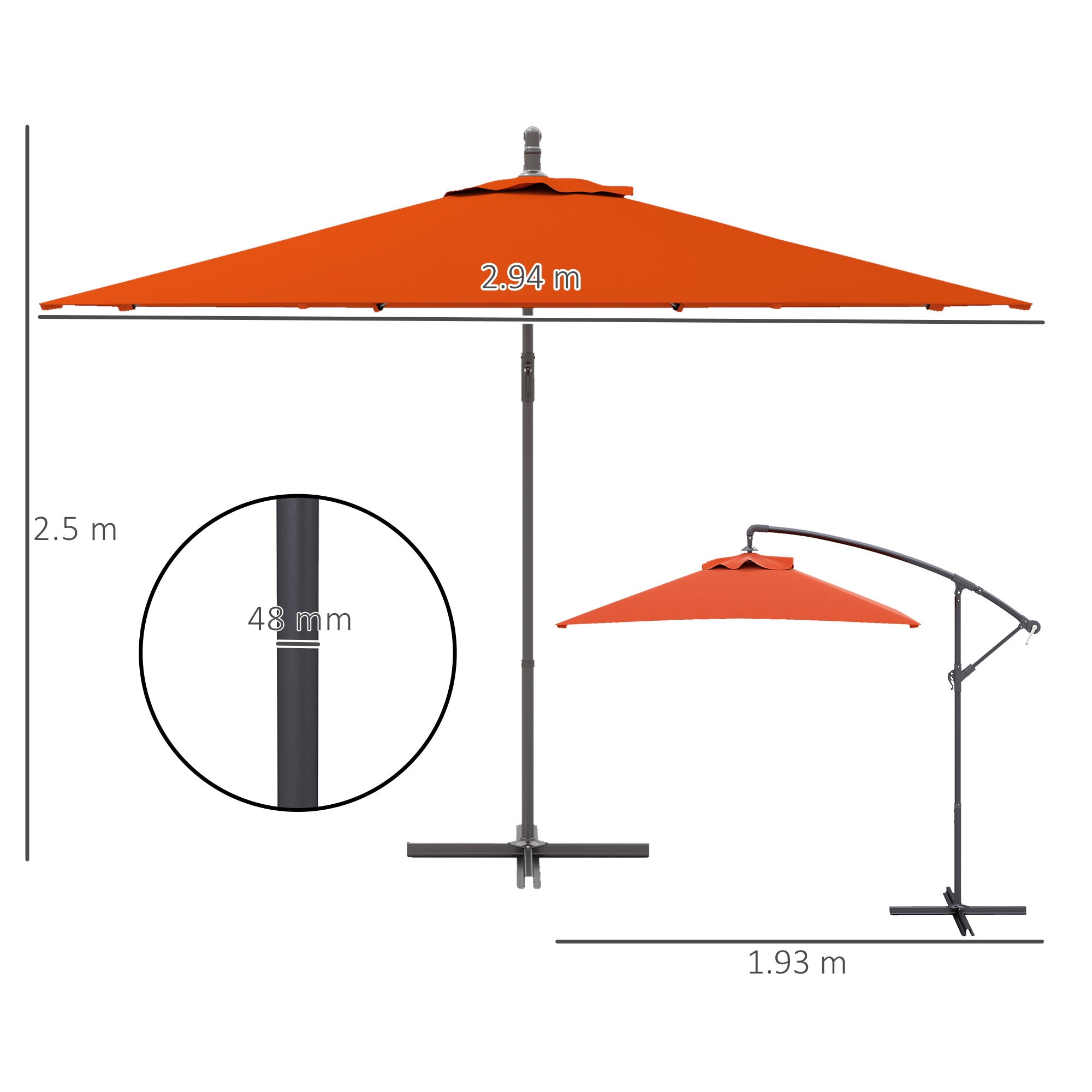 3 Metre Cantilever Parasol with Cross Base - Orange Steel Frame