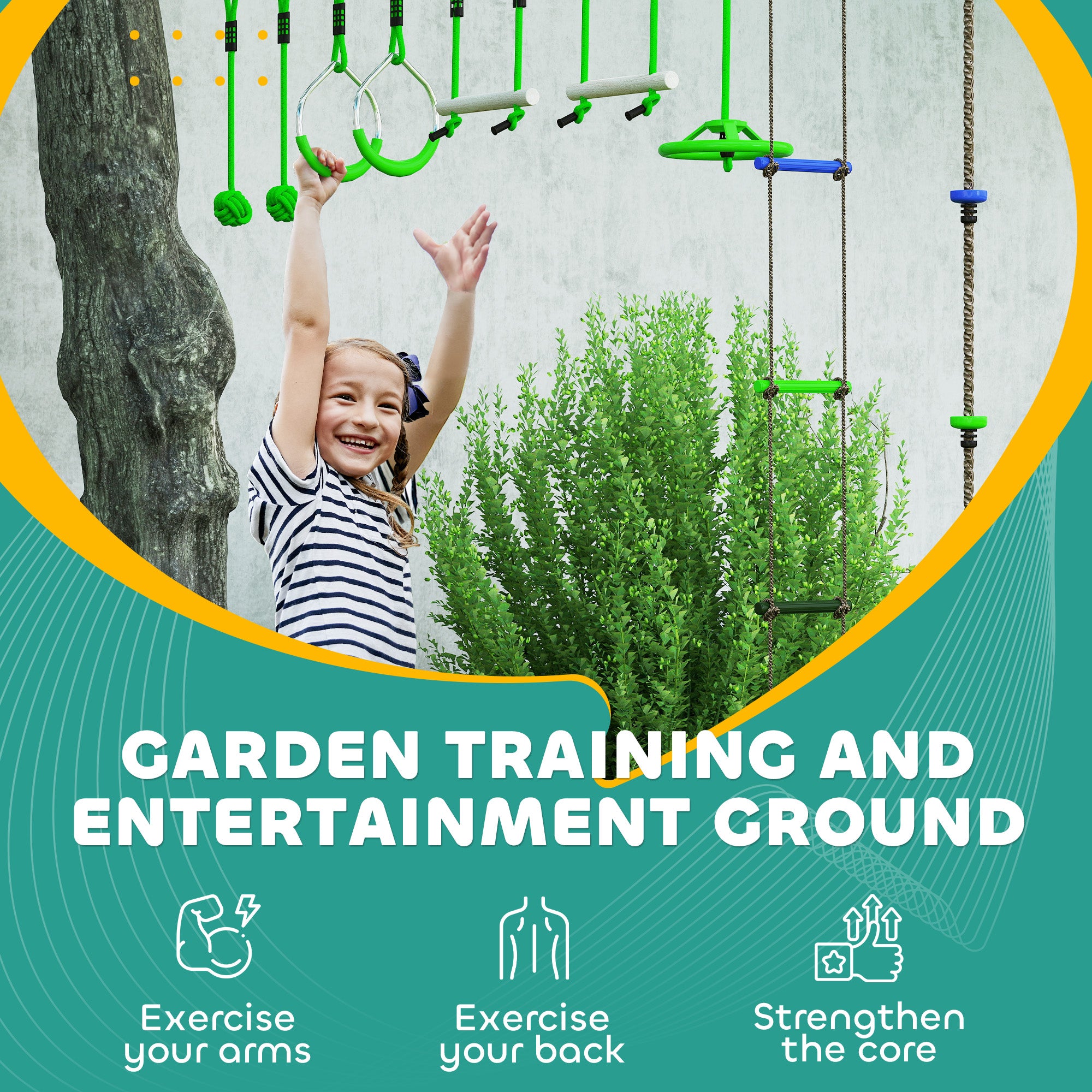 Obstacle Course for Kids with 10PCs Slackline Kit, with Monkey Bars, Gym Rings, Rope Ladder, Nest Swing, Hanging Tray