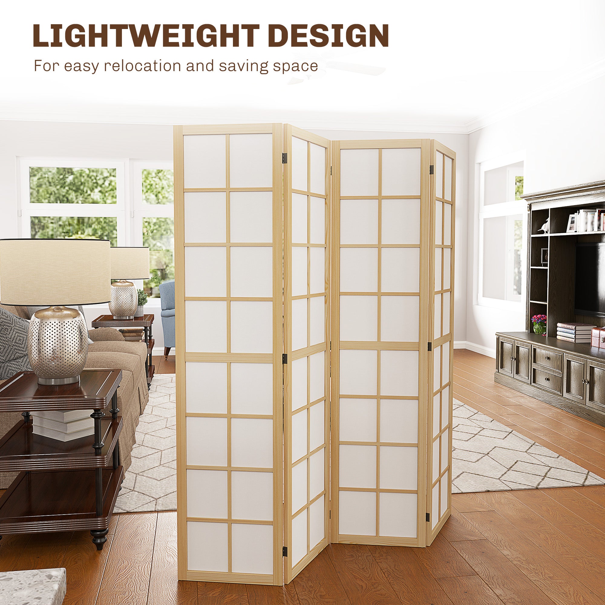 4 Panel Folding Room Divider 160x170cm Freestanding Privacy Screen - Natural Wood Finish