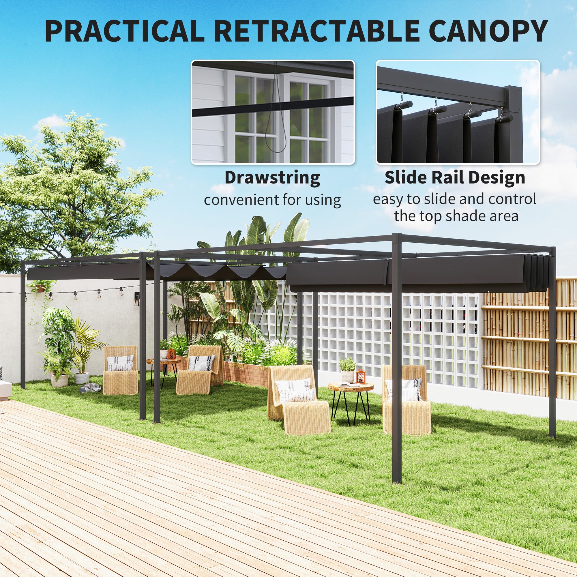 4 x 3m Metal Pergola, with Retractable Canopy Roof - Black