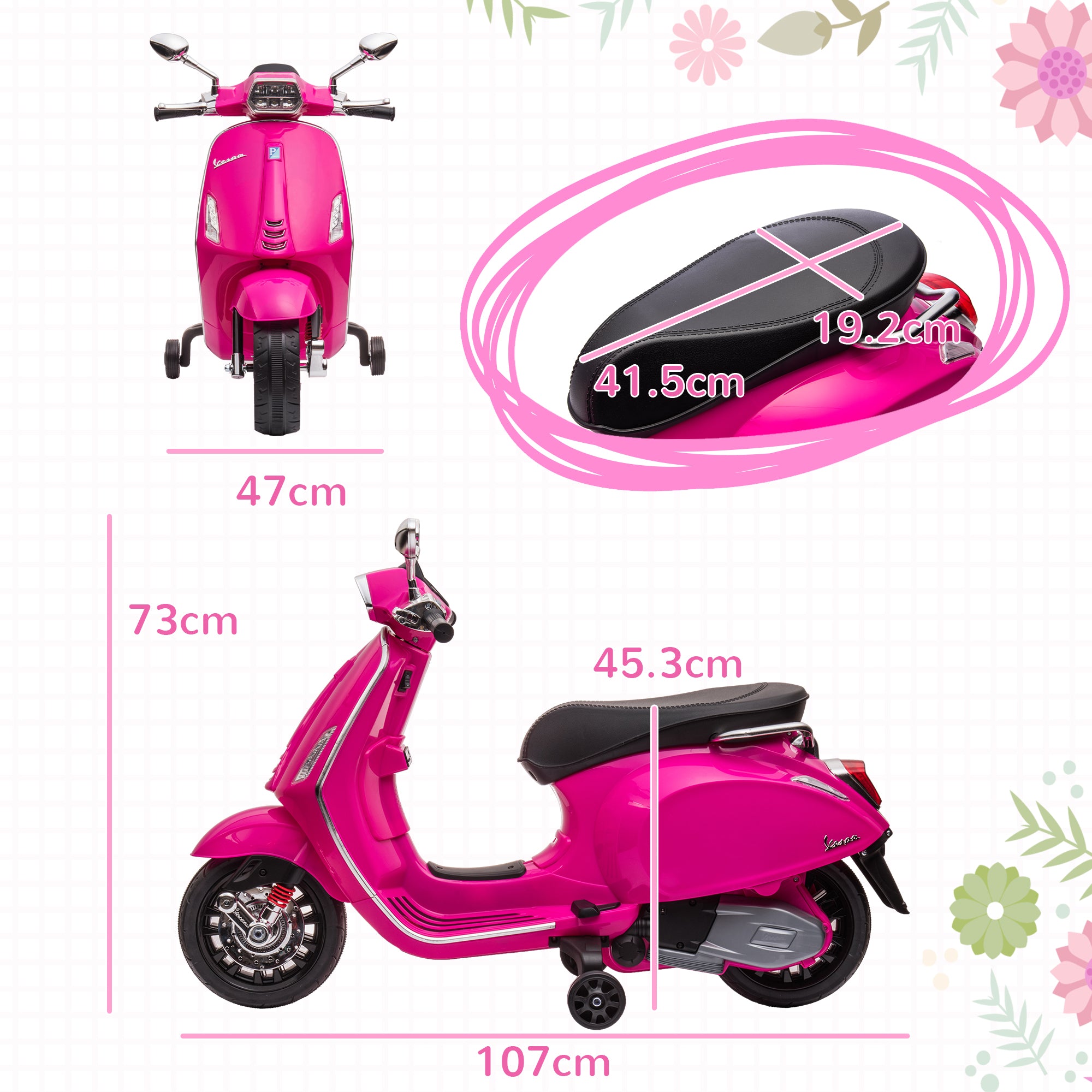 12V Vespa Licensed Kids Electric Motorbike w/ Music, Headlights, FM Radio, for 3-6 Years - Pink