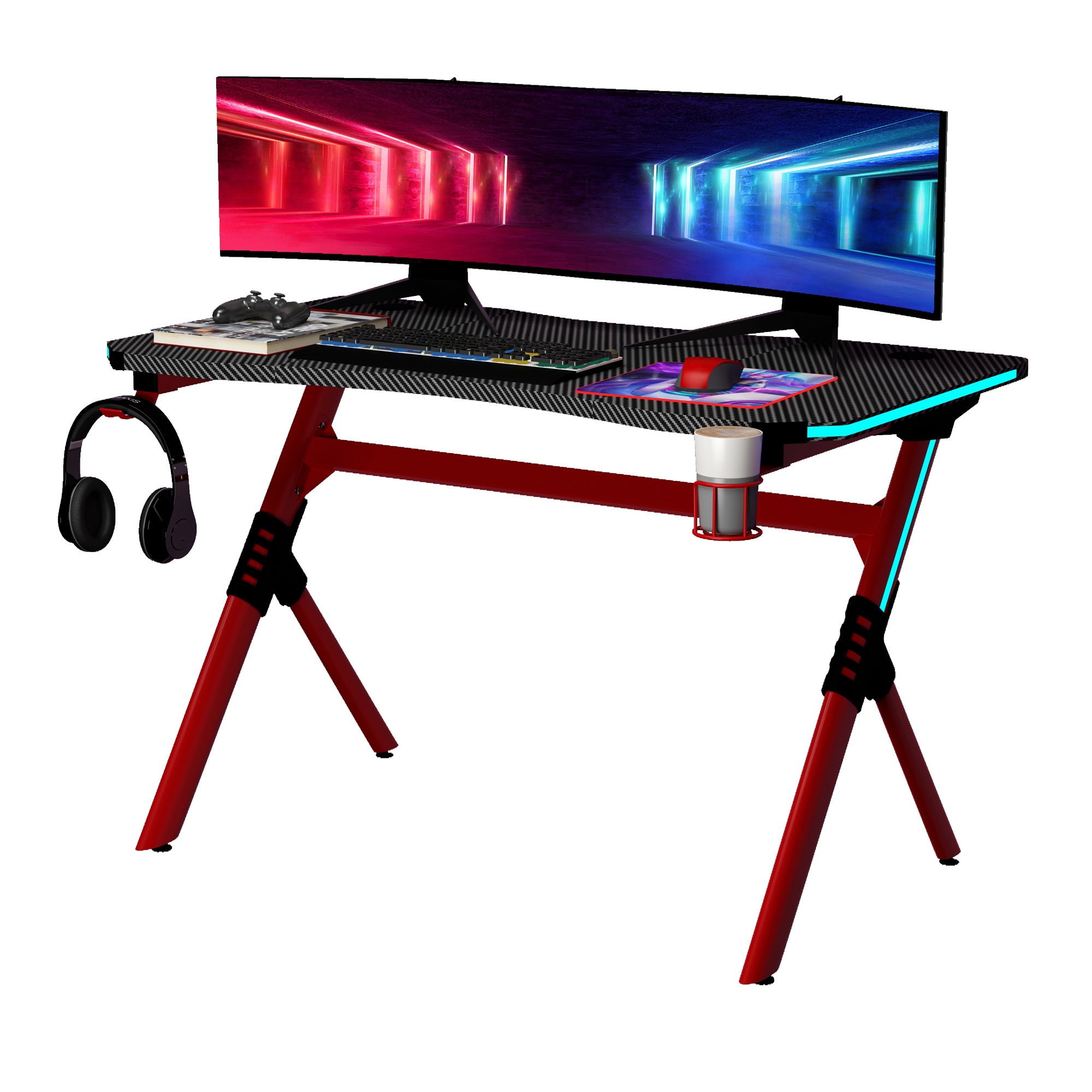 Gaming Desk with RGB LED Lights, Racing Style Computer Table with Carbon Fibre Surface, Cup Holder, Cable Management, Red