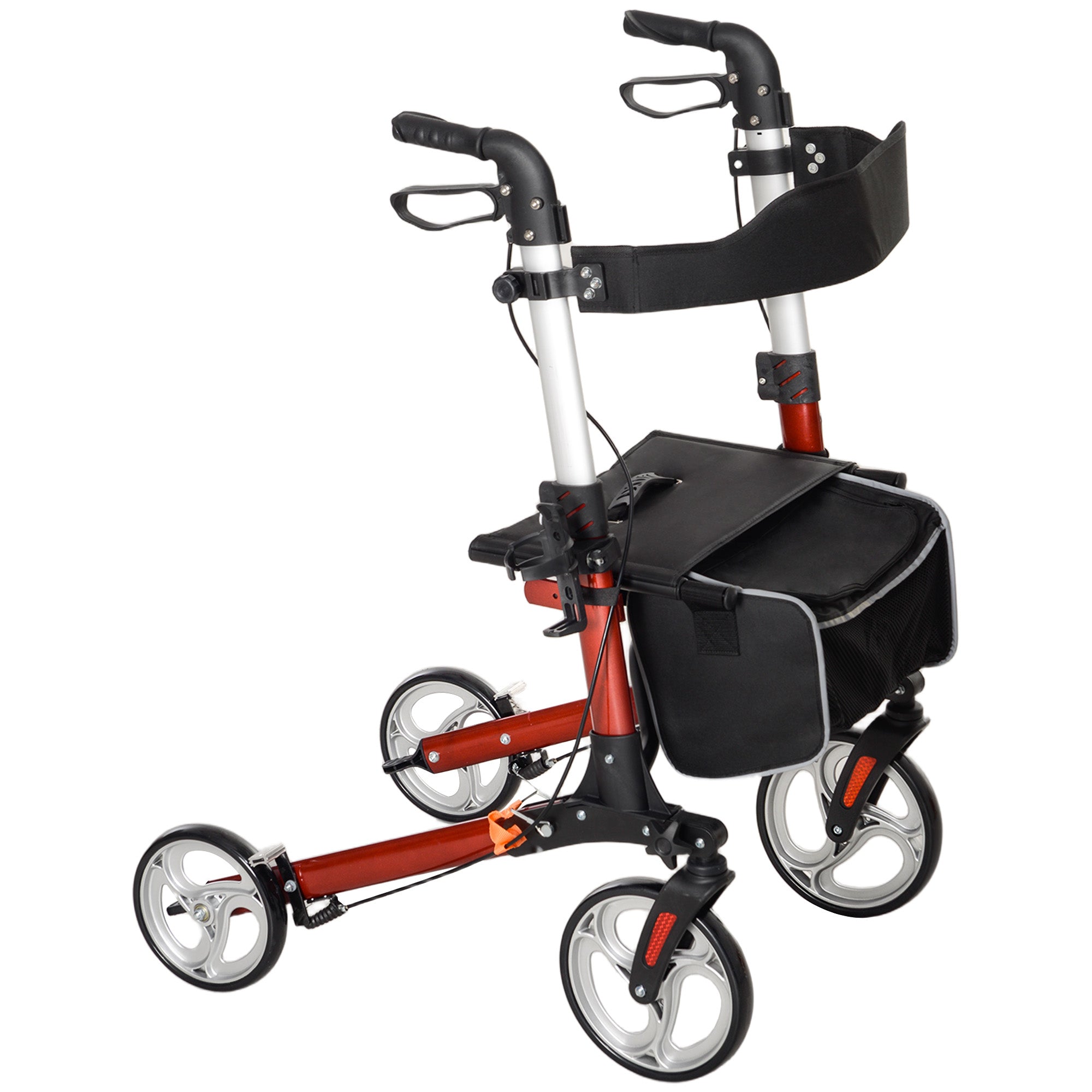 Folding Rollator Walker with Seat and Backrest, Lightweight Walking Frame with Storage Bag, Dual Brakes, Adjustable Handle Height, Cane Holder, 4 Wheeled Walker for Seniors, Red