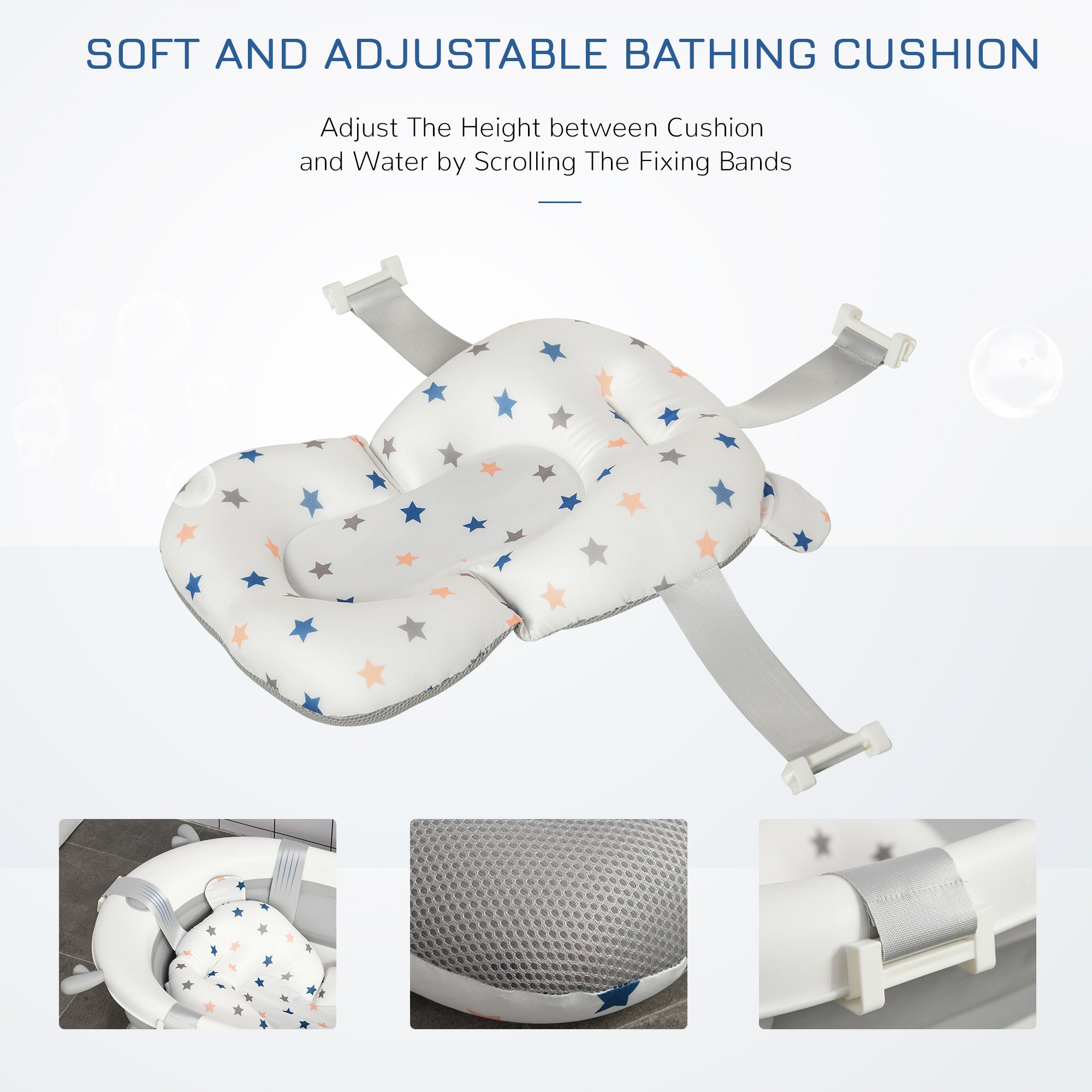 Foldable Baby Bathtub Set, Collapsible Bath Tub with Thermostatic Water Plug, Non-Slip Support, Cushion Pad, Drain Plugs, for Newborn to 3 Years - Offwhite