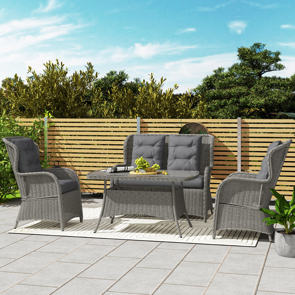4 Piece PE Rattan Garden Dining Sofa Set with Cushions - Light Grey