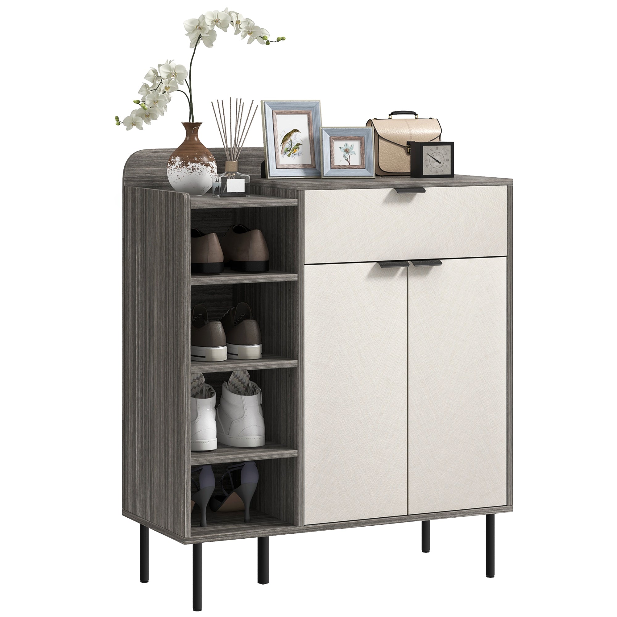 Modern and Minimal 12 Shoe Storage Cabinet - Grey/White