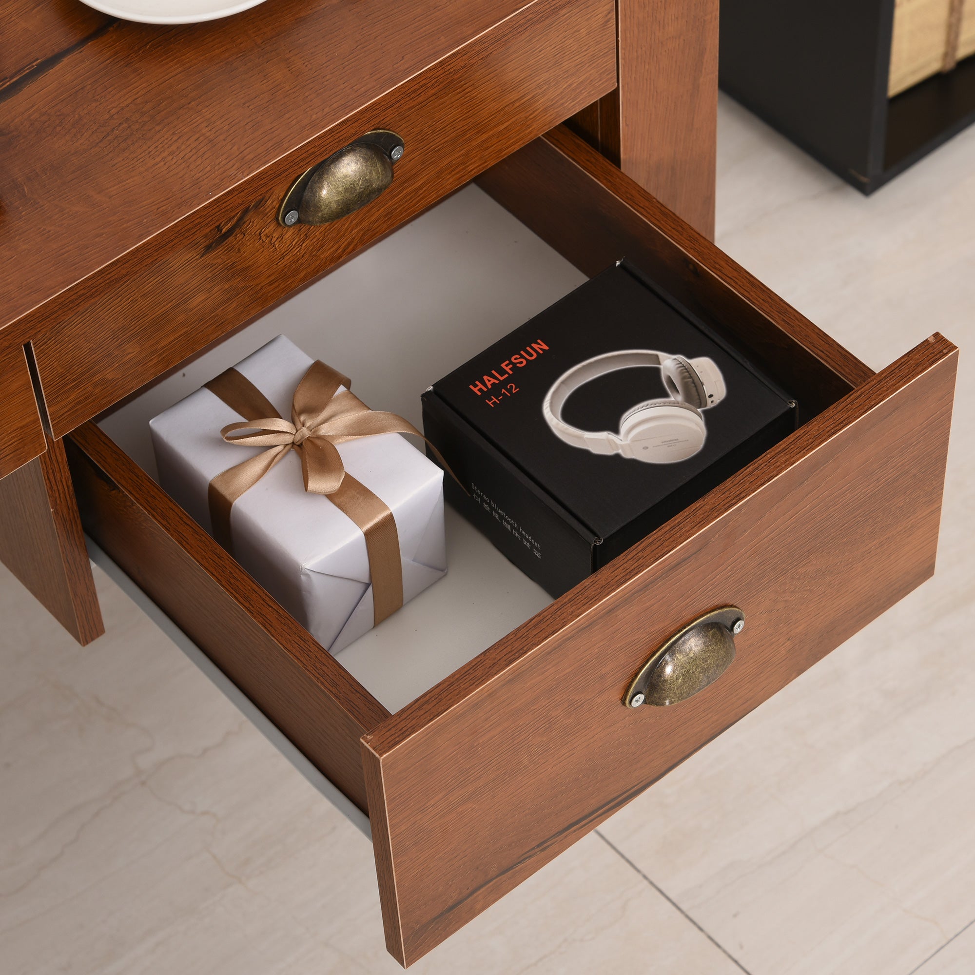 Vintage-Look Work Table Desk w/ Drawers Compartments Shelf Table Top Metal Handles Computer PC Home Office Study Furniture Brown