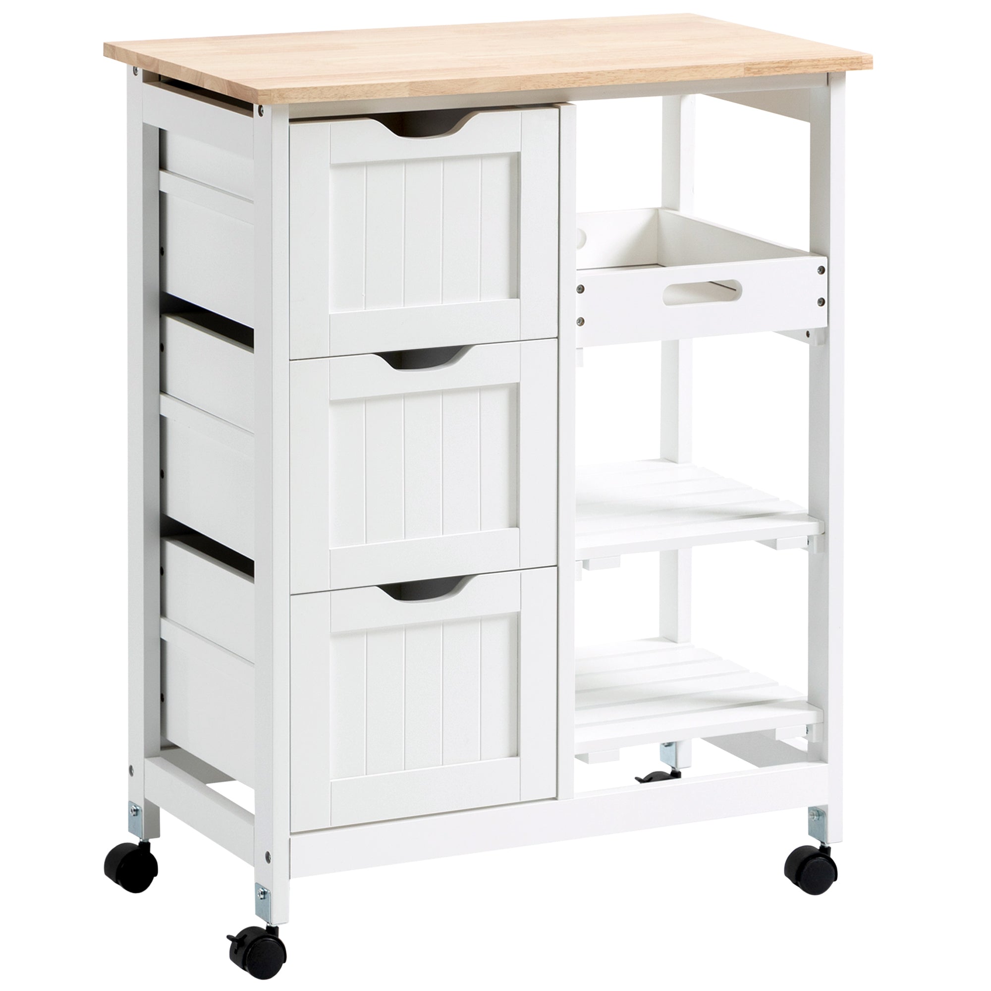 Rolling Kitchen Island Cart, Bar Serving Cart, Compact Trolley on Wheels with Wood Top, Shelves & Drawers for Home Dining Area, White