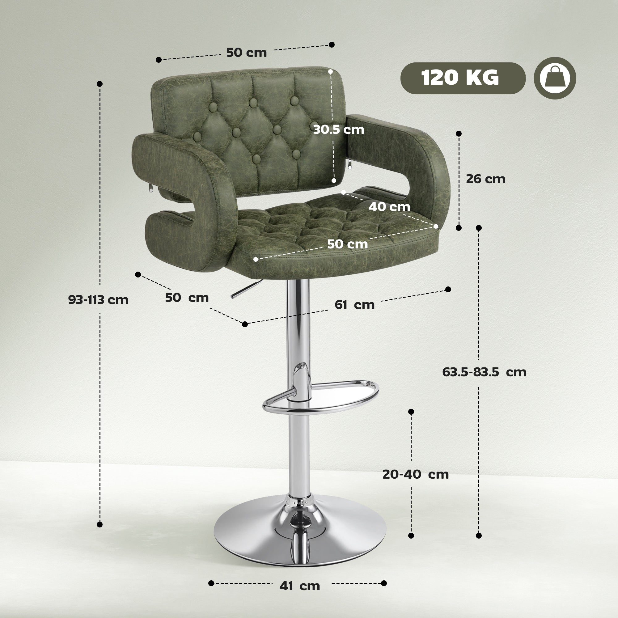 PU Leather Upholstered Swivel Bar Stool, Height Adjustable with Back, Armrest, Footrest, Green