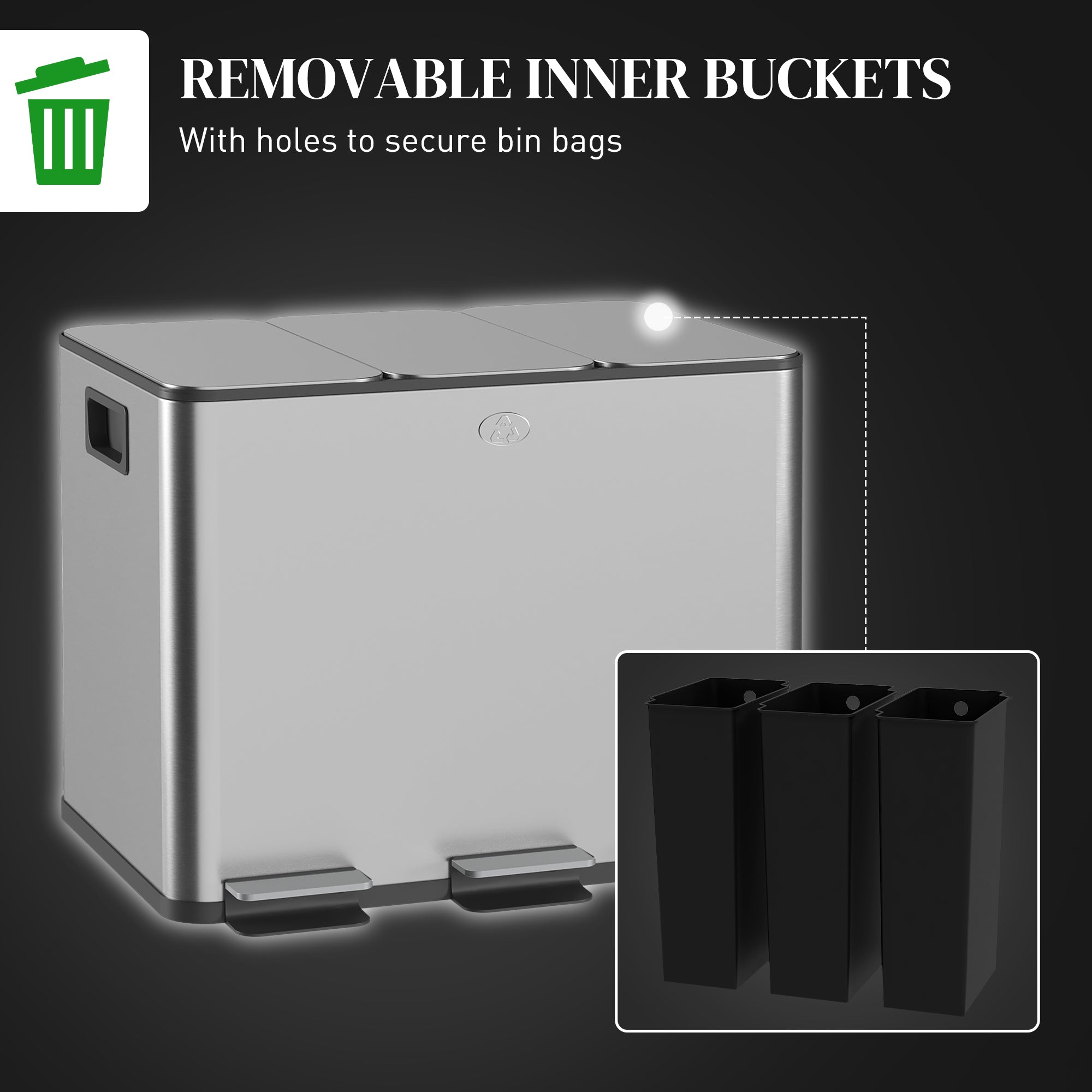 3 x 20L Pedal Bin, Steel Triple Kitchen Bin with Soft Close Lid, Removable Inner Buckets, Fingerprint-Proof, Silver Tone