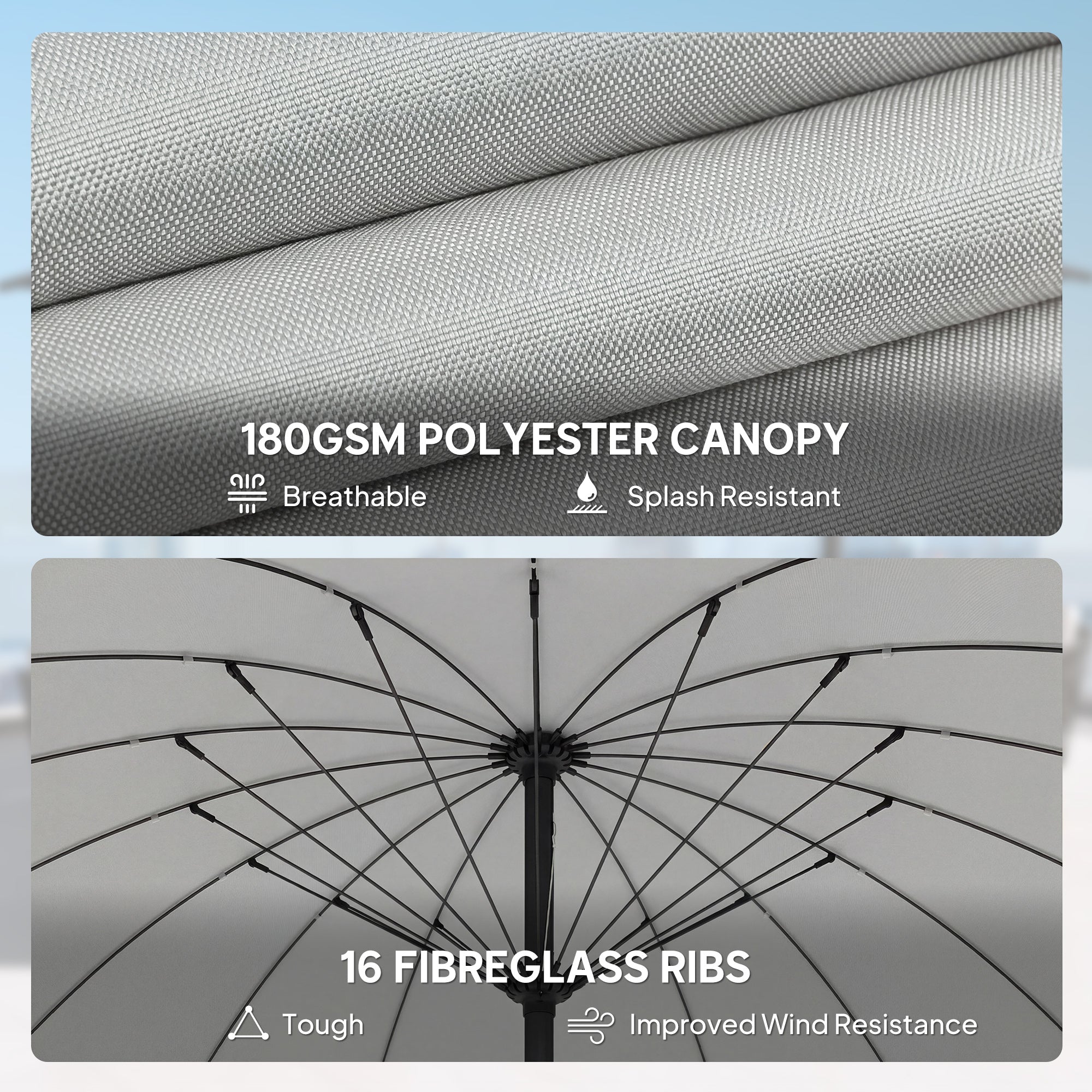 2 m Shanghai Garden Parasol Umbrella with 16 Fibreglass Ribs, Outdoor Parasol Sun Shade with Crank & Tilt, Light Grey