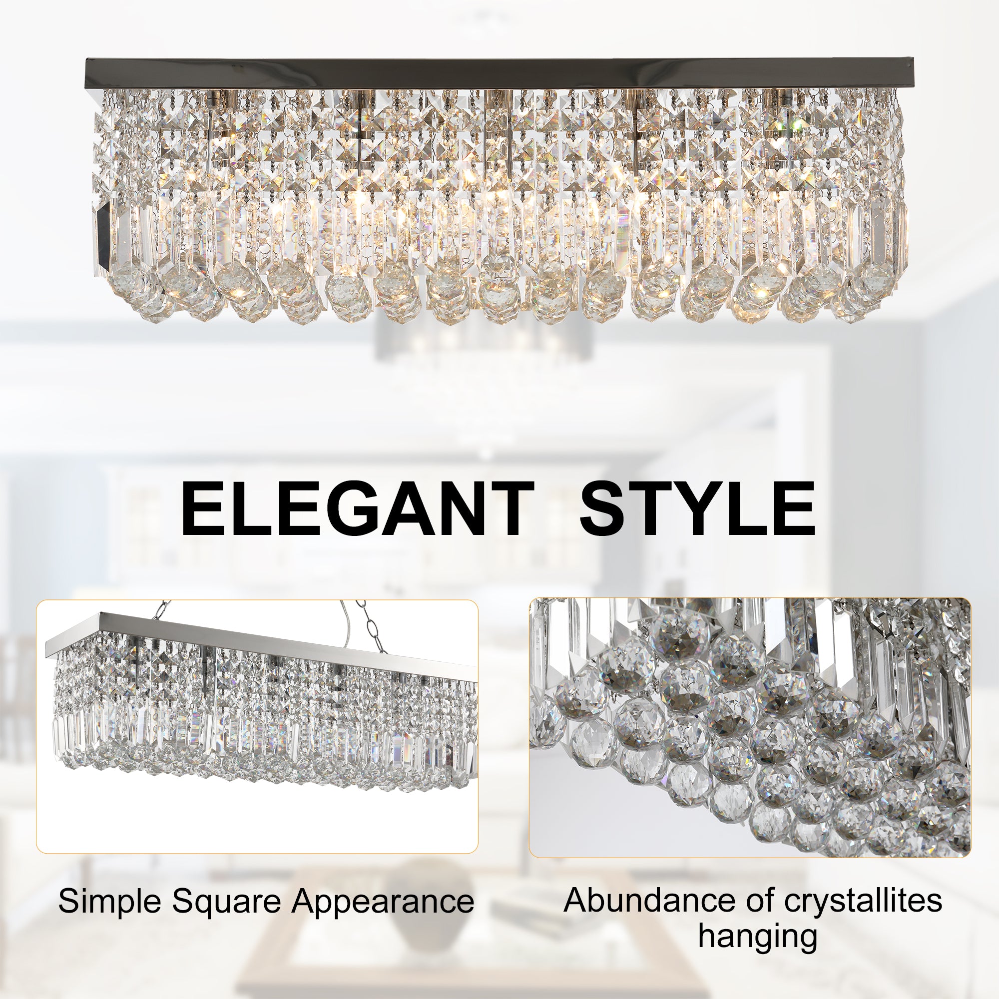 Modern Crystal Ceiling Light Square Crystal Chandelier for Living Room, Dining Room, Hall, E14 Base, Silver, 80 x 25 x 23cm