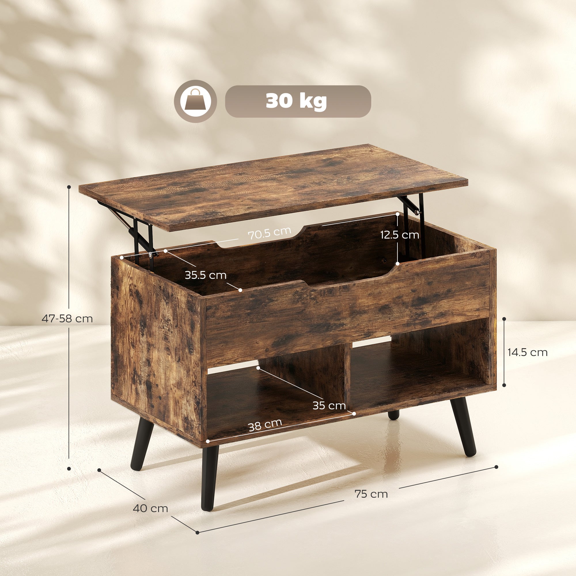 Lift Top Coffee Table with Hidden Storage Living Room Table Metal Legs 75 cm Rustic Brown