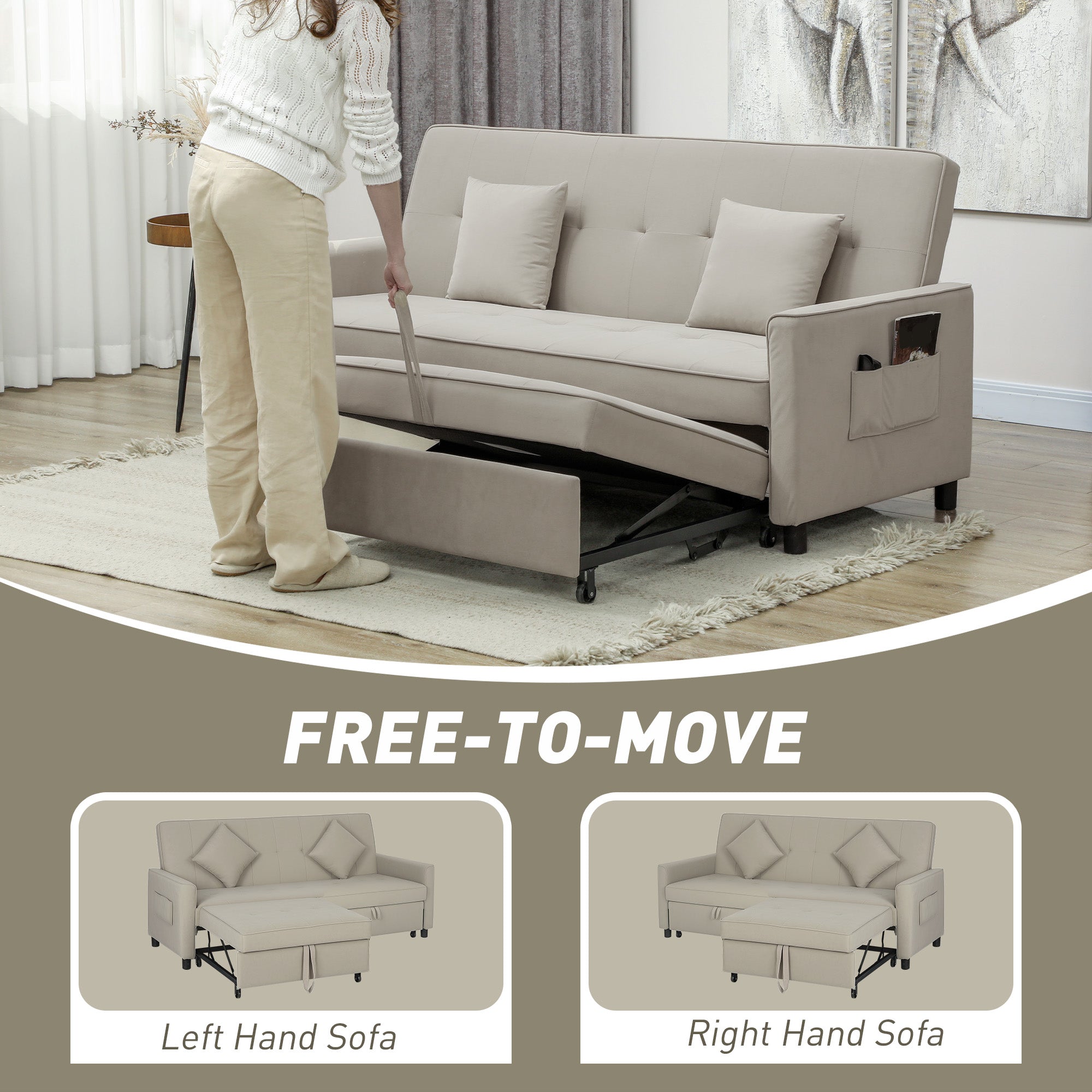 Three-Person Velvet-Feel Sofa Bed with Adjustable Backrest - Beige