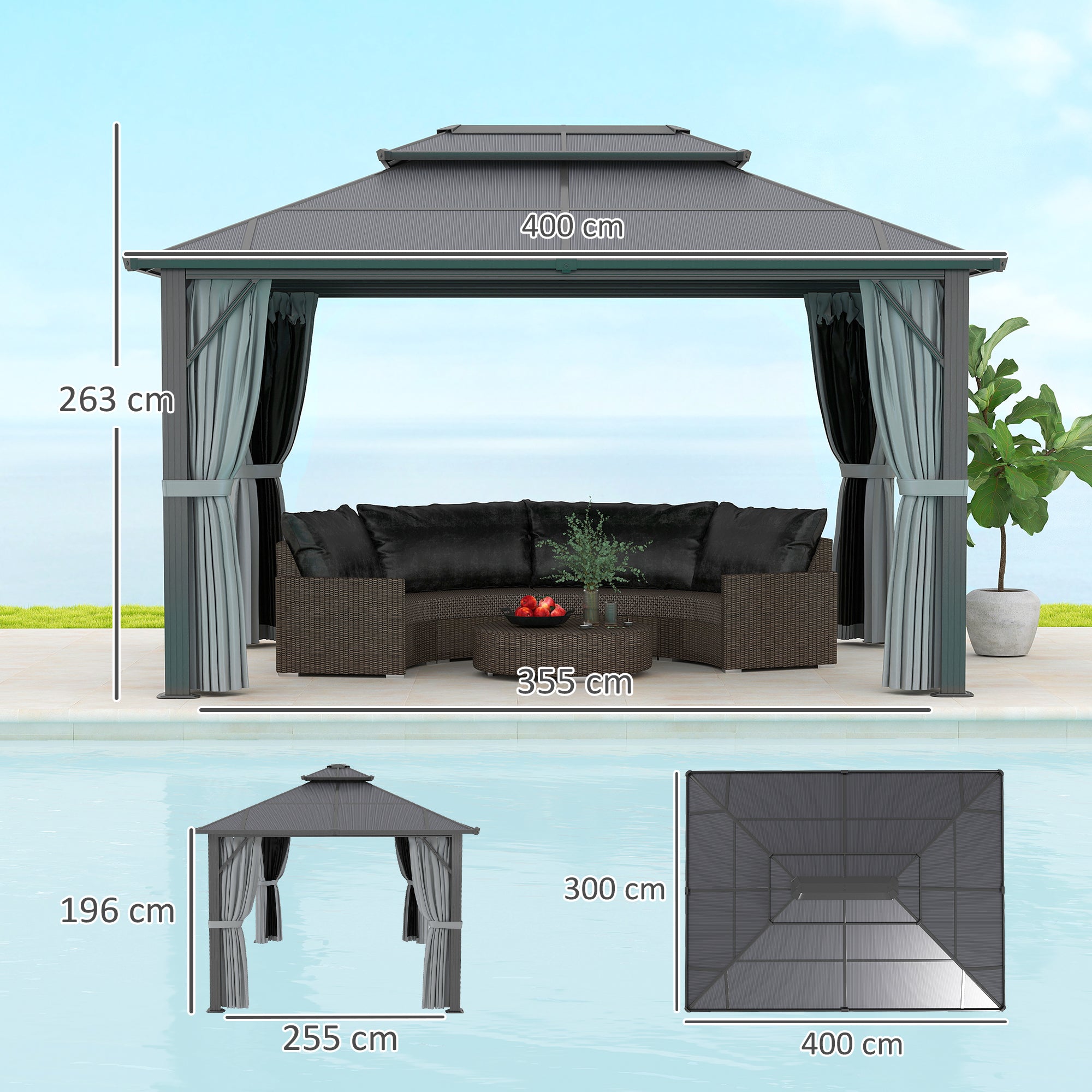 3x4m Hardtop Garden Gazebo with UPF30+ Double Polycarbonate Roof, Aluminium Frame, Mosquito Net & Curtains - Grey