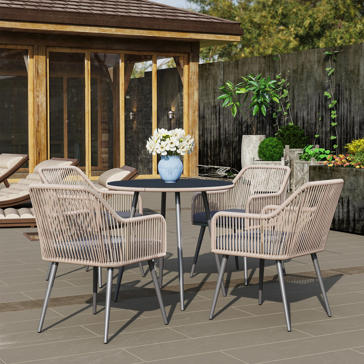 4 Seater Rattan Garden Dining Set with Cushions and Parasol Hole, Round Glass Top Table - Light Brown