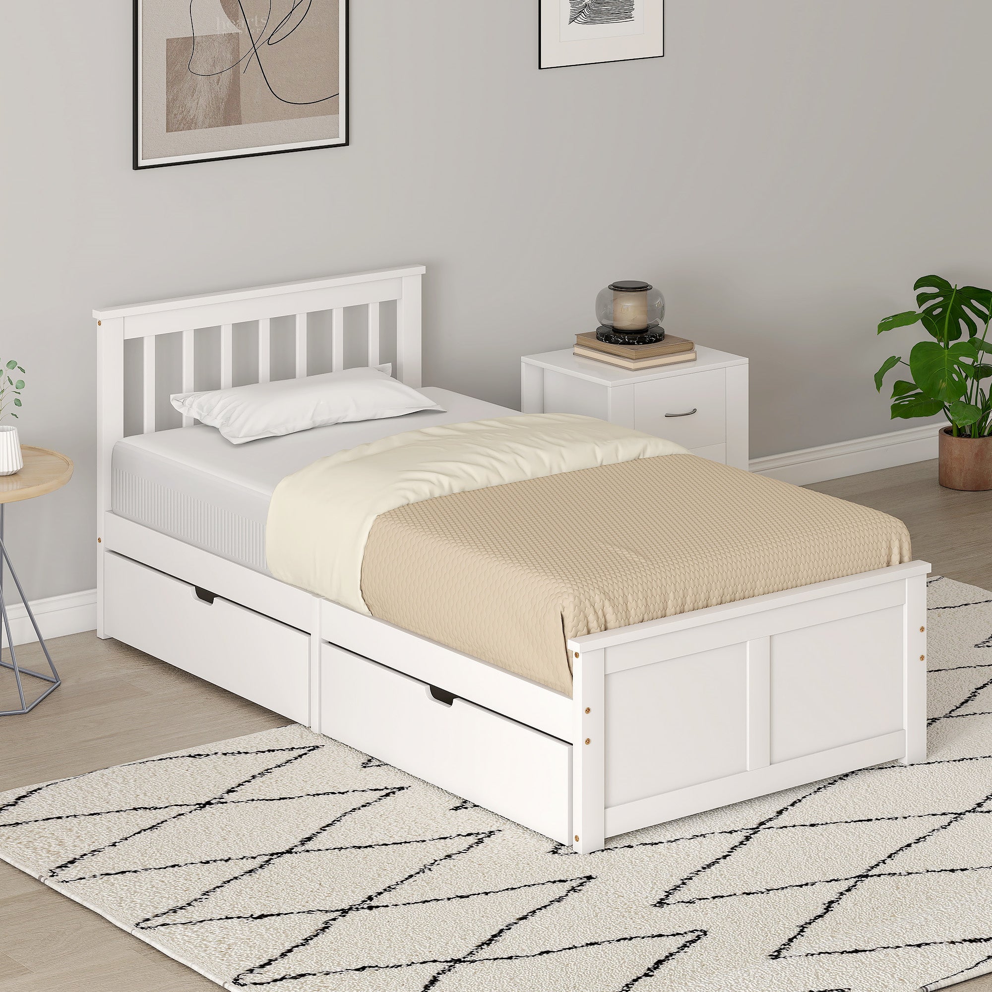 Wooden Single Bed Frame, with Drawers - White