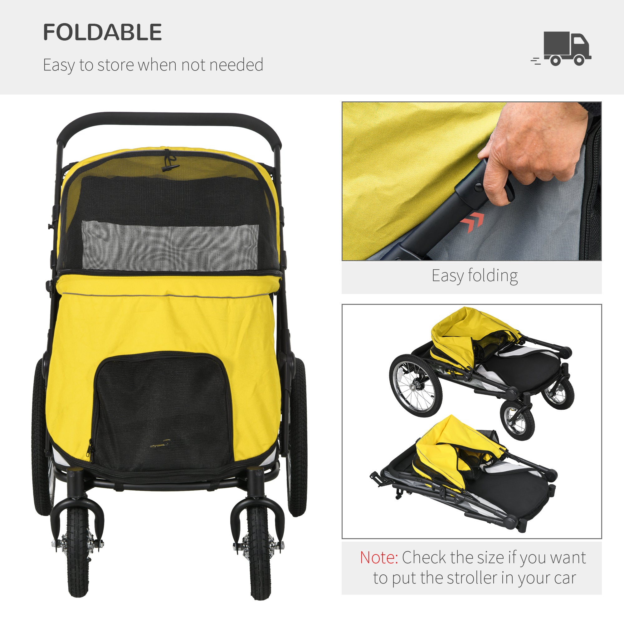 Foldable Pet Stroller, with Washable Cushion, Storage Bags, Safety Leash, for Medium, Large Dogs, Catts, Travel - Yellow