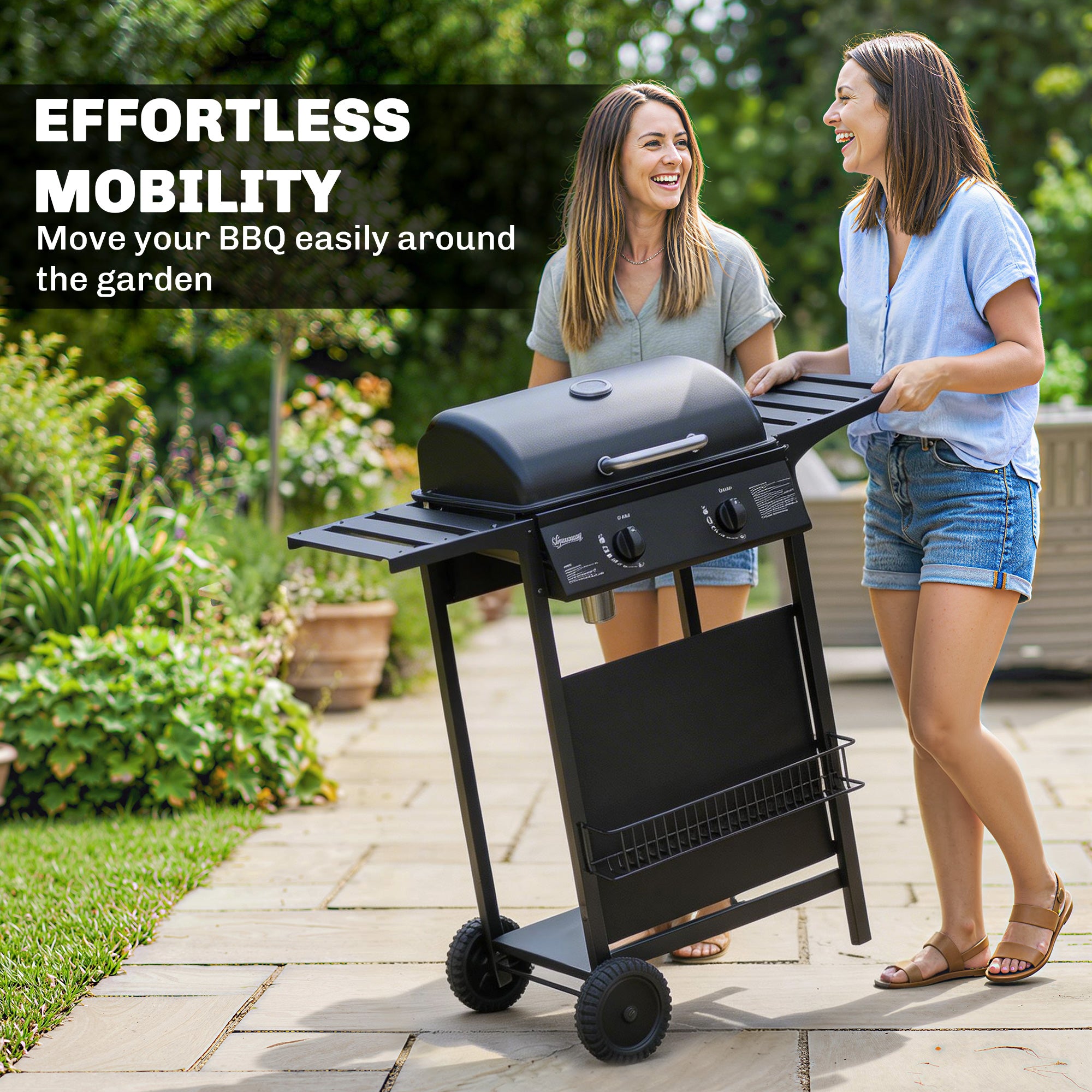 Gas Burner Barbecue Grill, 2 Burner Gas Grill with Side Tables, Warming Rack, Shelf, Thermometer, Grease Tray, Black