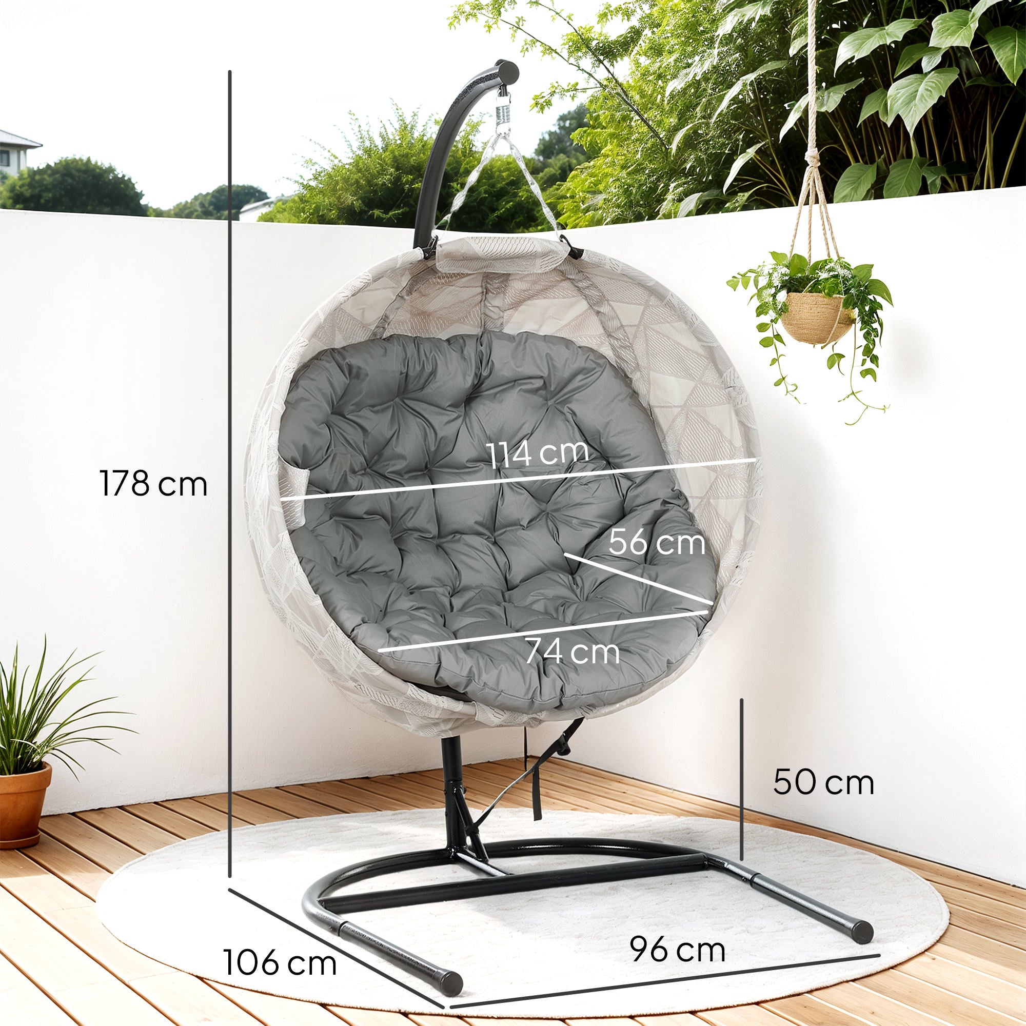 Hanging Egg Chair with Stand and Thick Cushion Grey