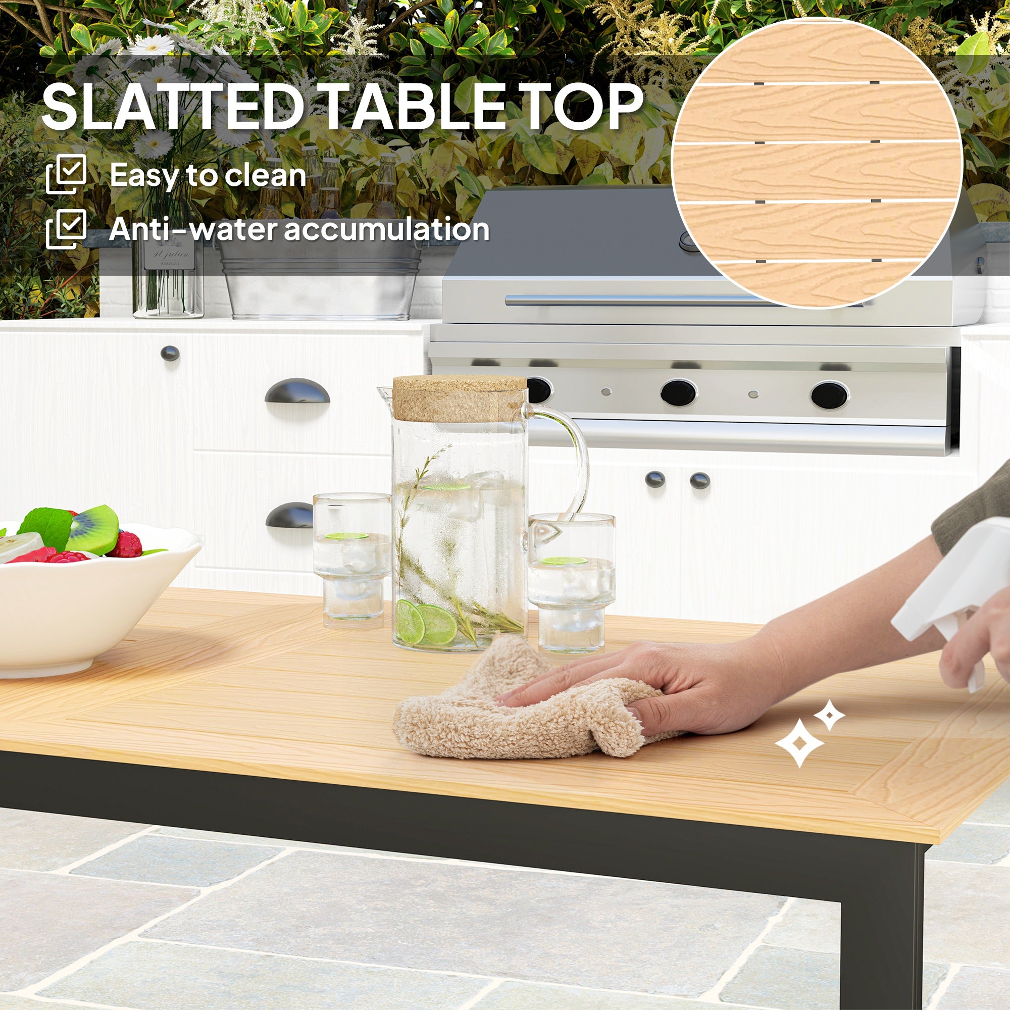 6 Seater Teak Effect Outdoor Dining Table with Metal Frame