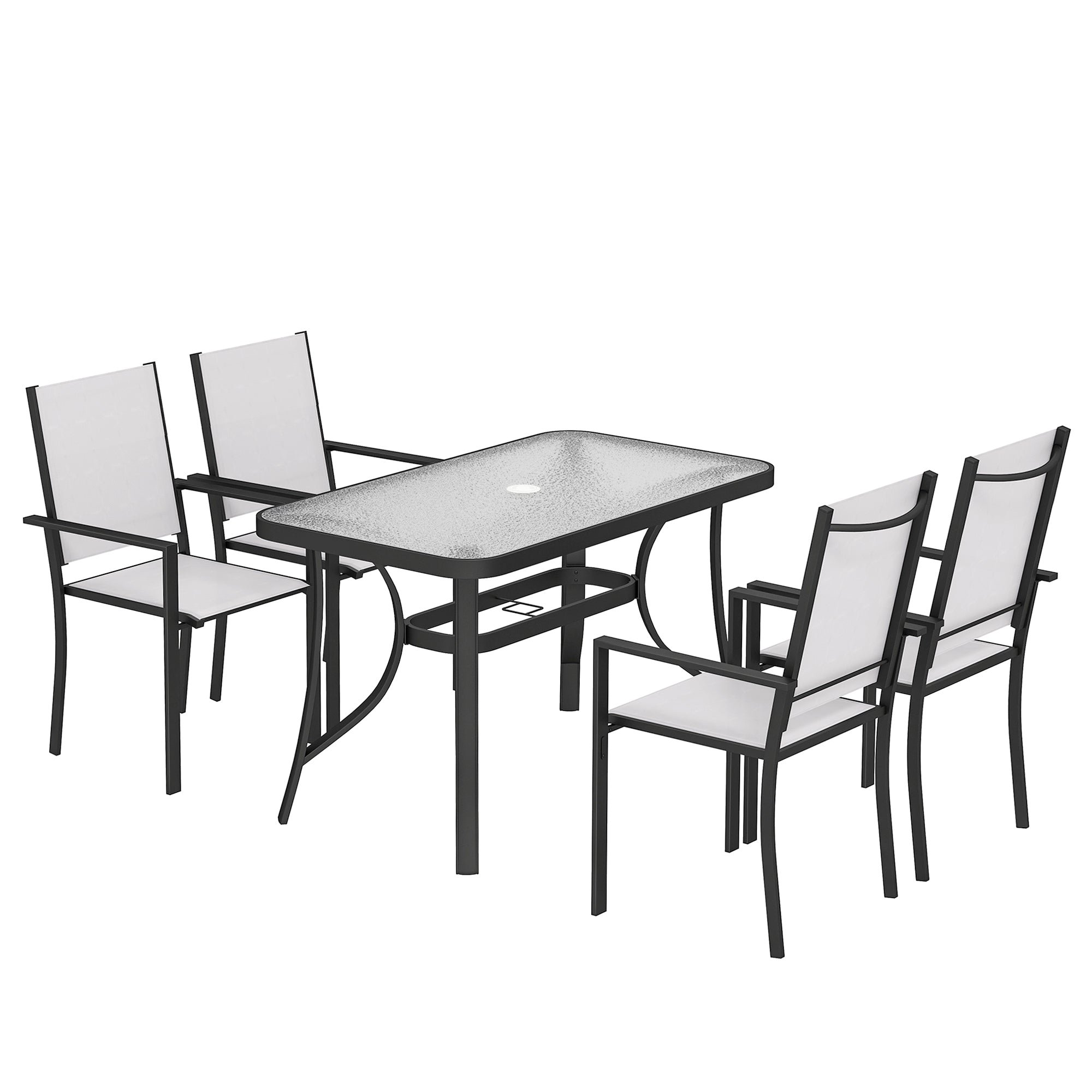 Garden Dining Set for 4 with Umbrella Hole, Stackable Chairs and Rectangular Glass-Top Outdoor Table, Light Grey