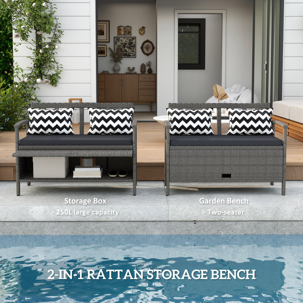 Two-Seater Outdoor Rattan Storage Bench 160L Capacity - Grey