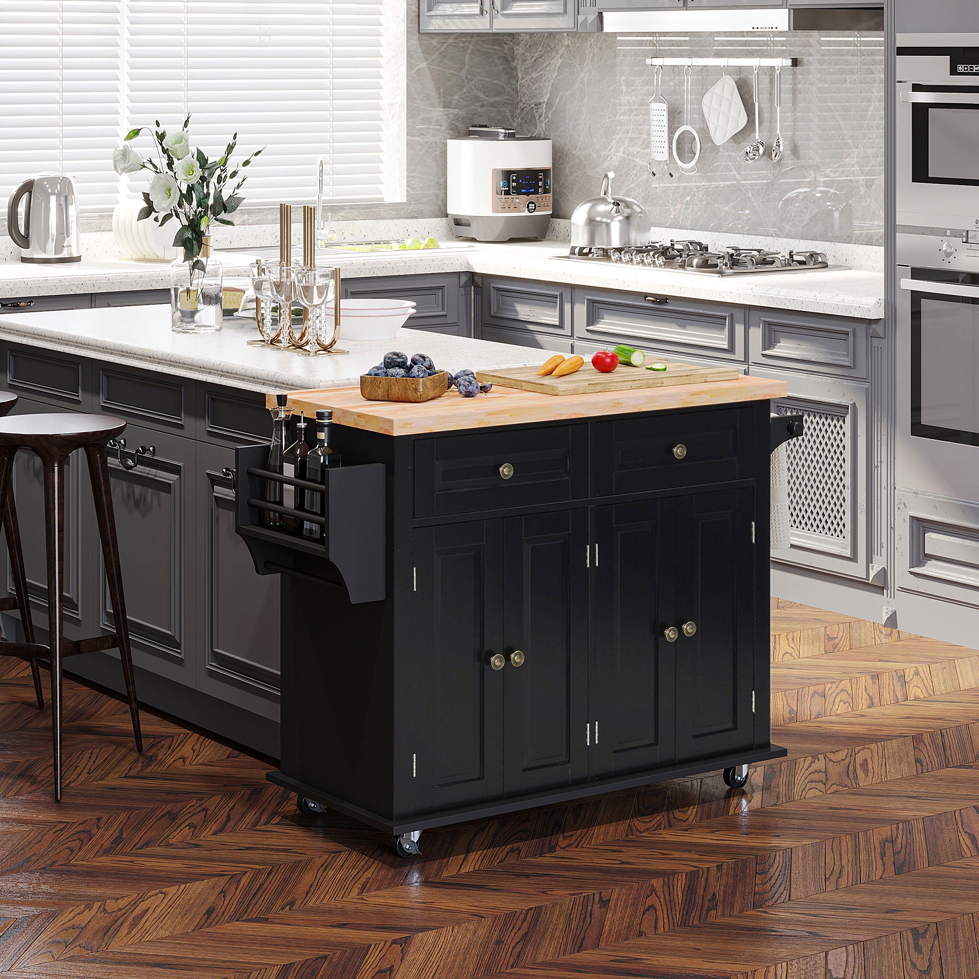 Rolling Kitchen Island Storage Trolley with Rubber Wood Top & Drawers for Dining Room, Black