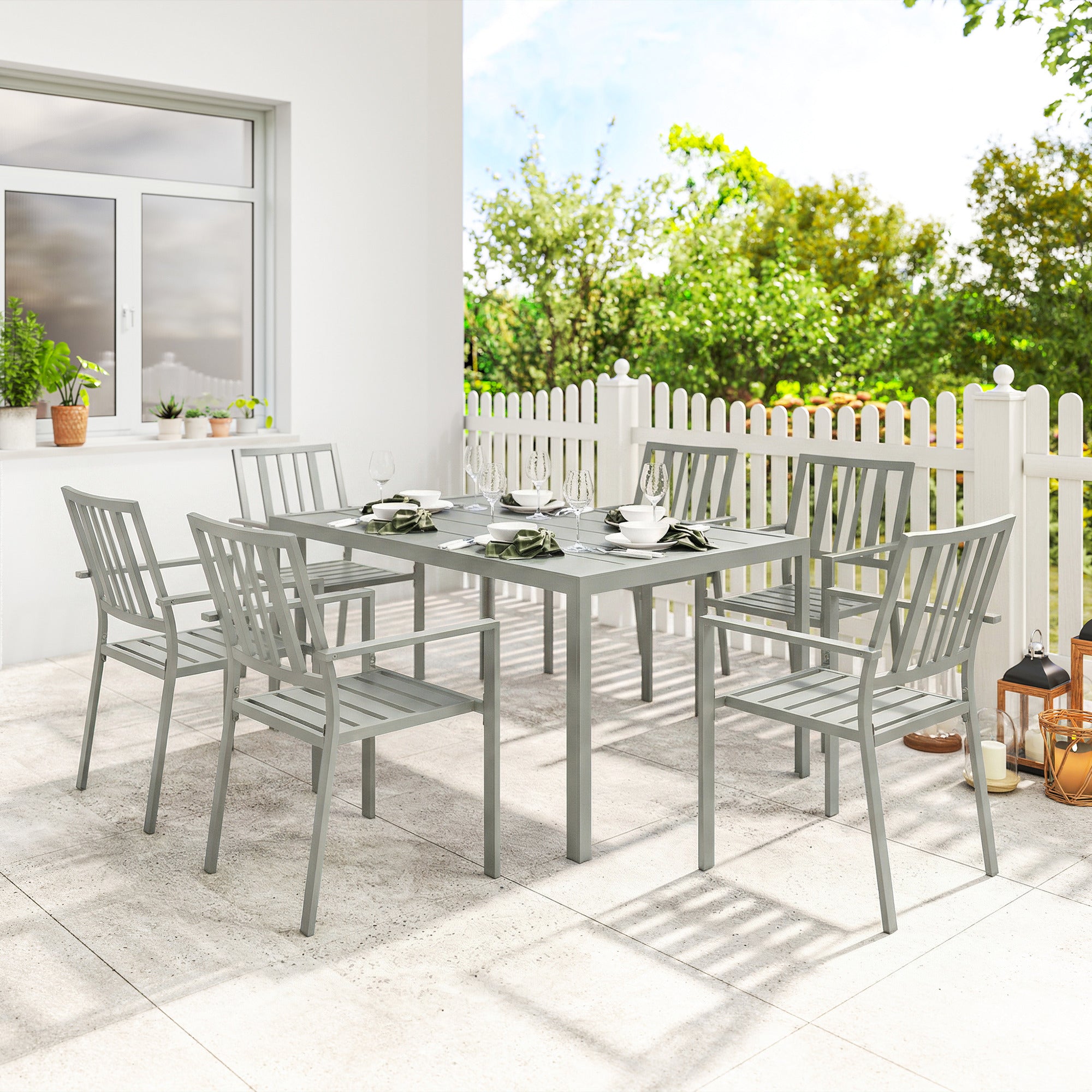 Garden Table and Chairs for 6, 7 Pieces Garden Furniture Set with Table, 6 Stackable Chairs and Umbrella Hole Light Grey