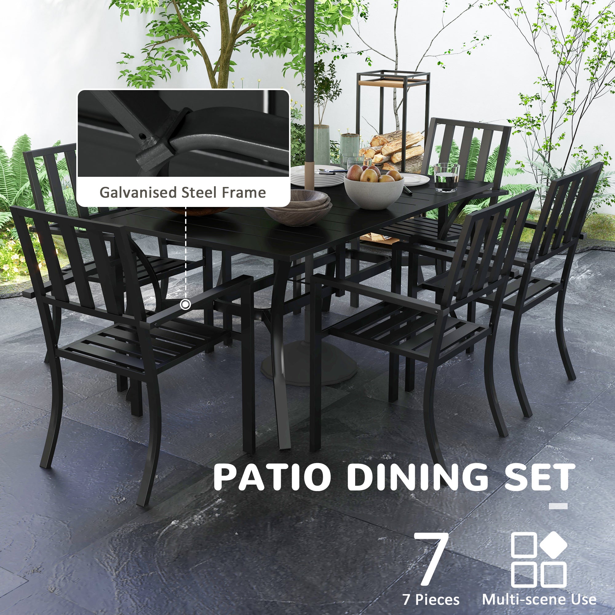 7 Pieces Garden Table and Chairs 6 Seater Outdoor Table and Chairs with Umbrella Hole, for Poolside, Garden, Black