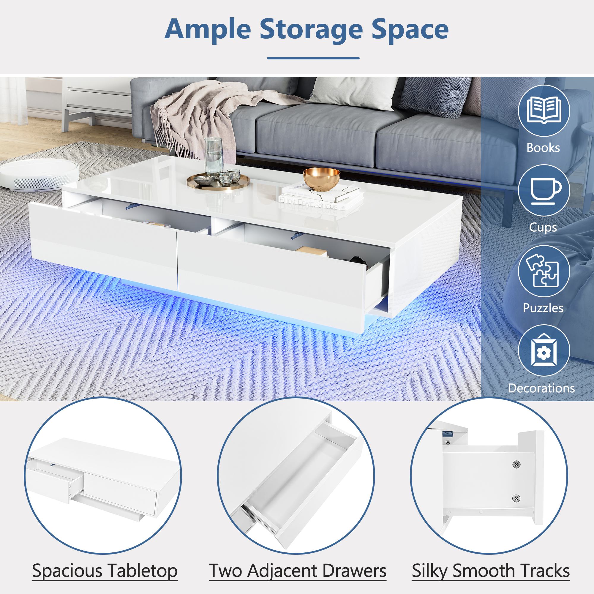 High Gloss LED Coffee Table with 2 Drawers and Bluetooth Control, Tea Table with Particle Board, 115L x 55W x 34H cm, White