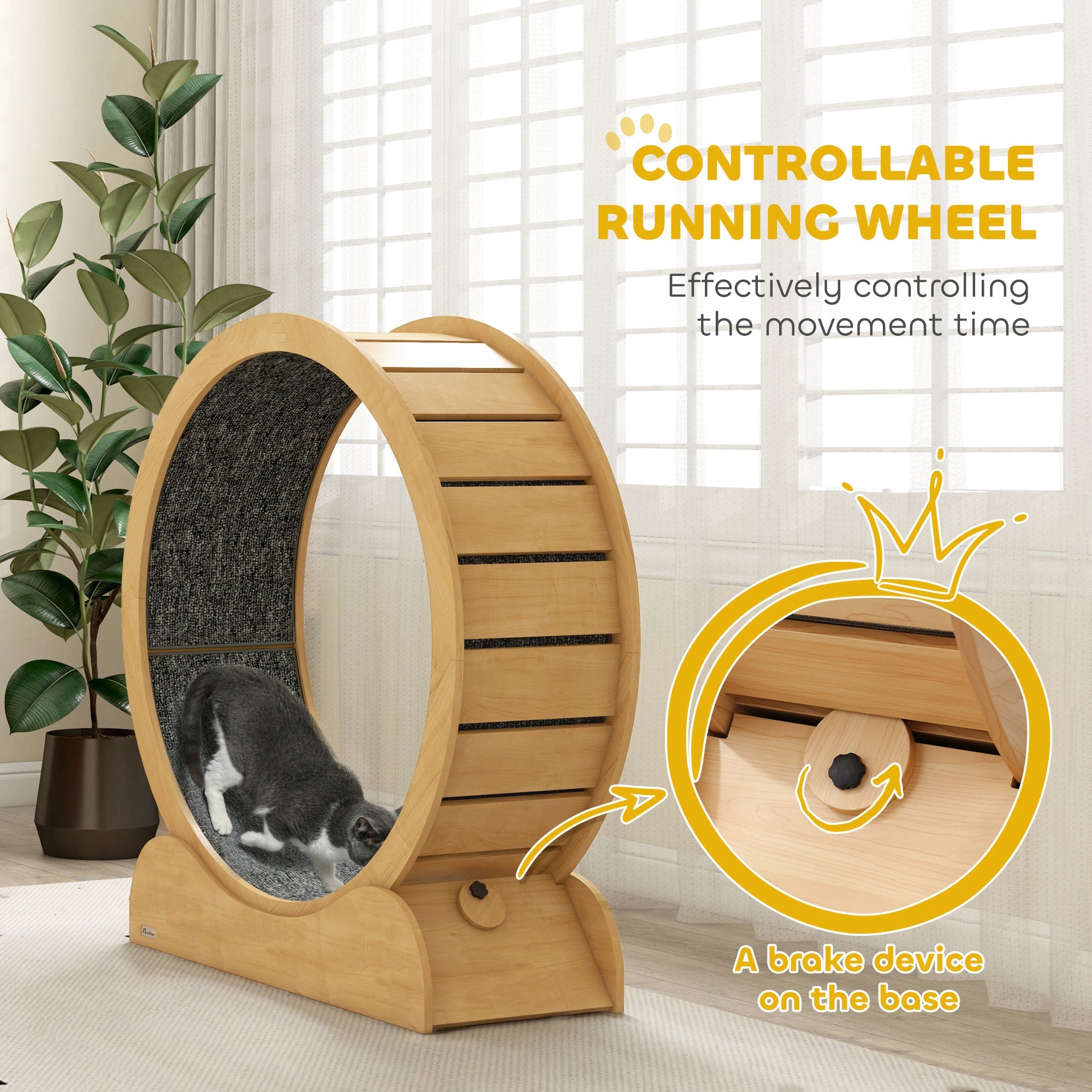 39.4" Wooden Cat Running Wheel with Brake, Natural