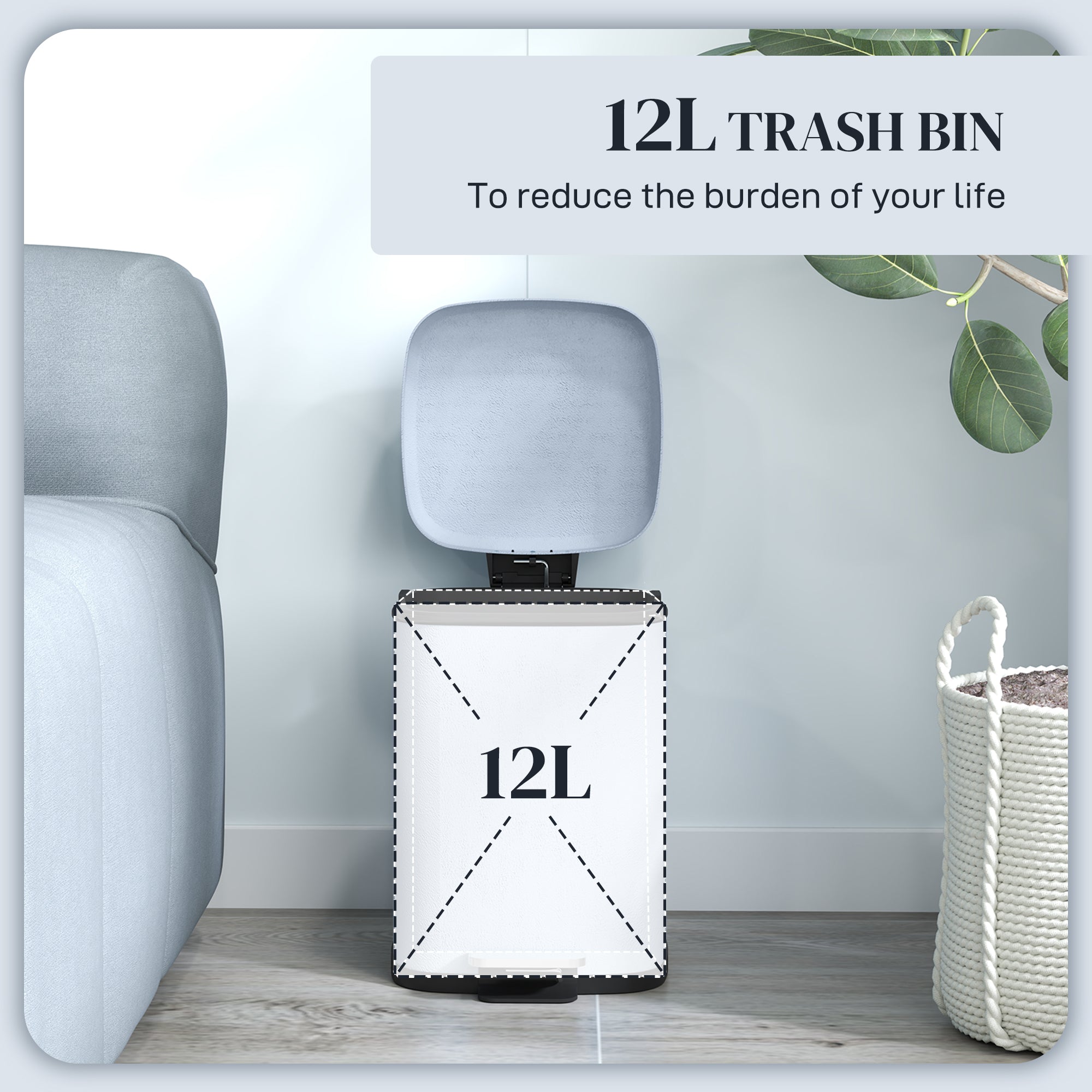 12L Modern Boxy Metal Home Kitchen Bin - Light Blue