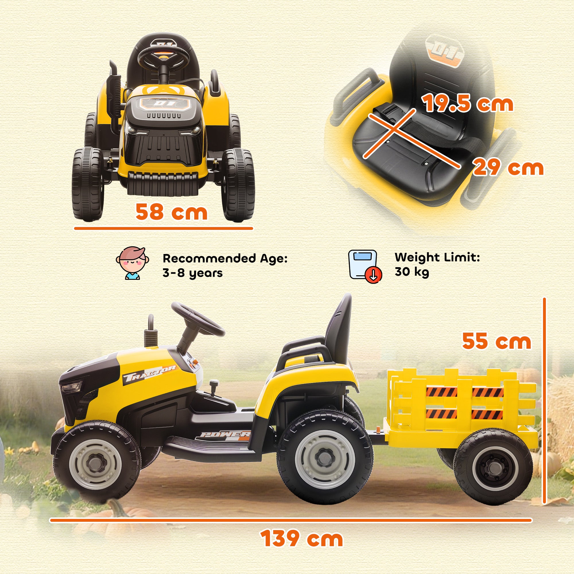 12V Ride on Tractor and Trailer with Remote Control, Music, Shifter, Start-Up Sound, for Kids Ages 3-8 Years, Yellow