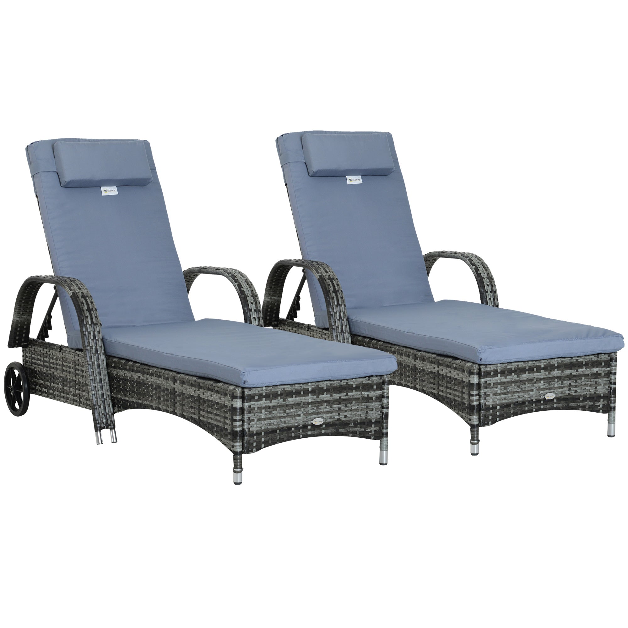 2PC Rattan Sun Lounger Recliner Bed Reclining Chair Patio Garden Outdoor Wicker Weave Adjustable Headrest with Fire Retardant Cushion €“ Grey